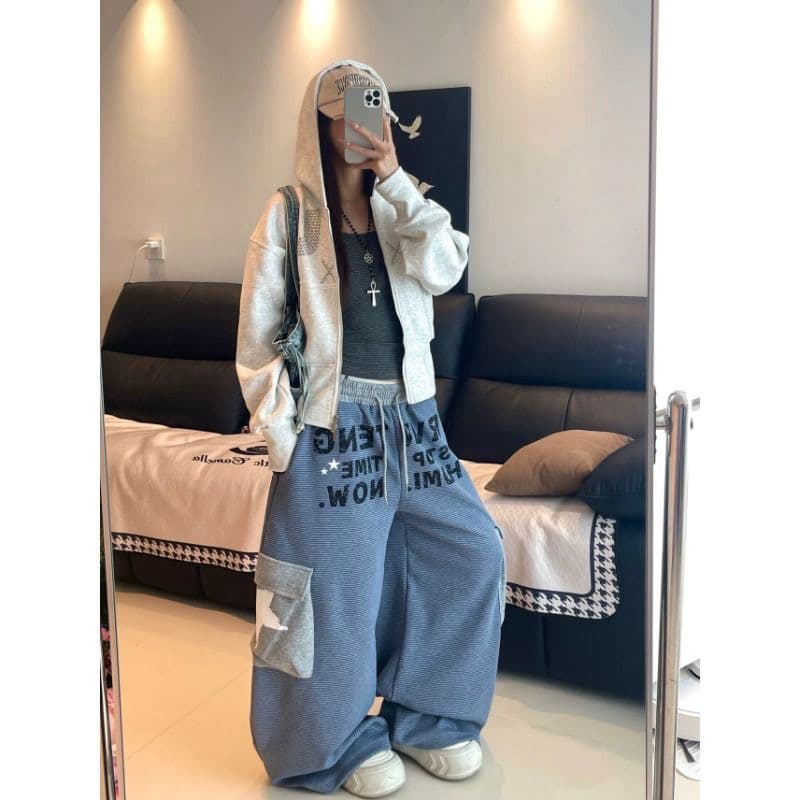 스트라이프 아메리칸 거리 바람 레트로 캐주얼 웨이 바지 여성 넓은 다리 루즈핏 운동 바지 재즈 댄스 jazz 춤추기 바지 이미지 3