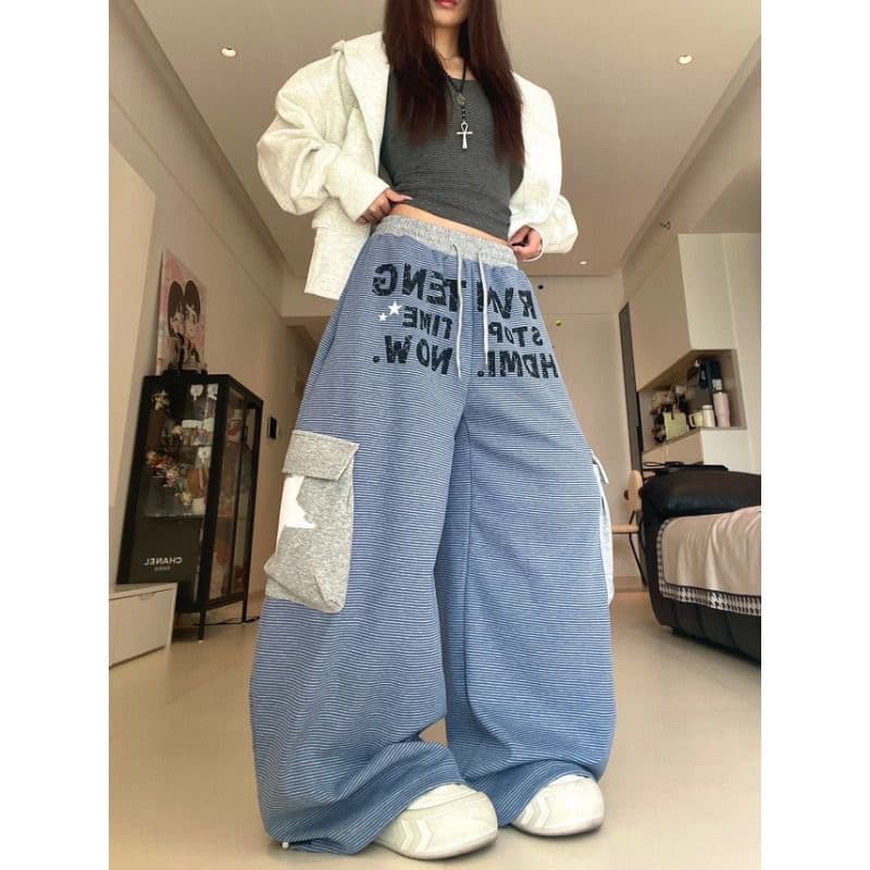 스트라이프 아메리칸 거리 바람 레트로 캐주얼 웨이 바지 여성 넓은 다리 루즈핏 운동 바지 재즈 댄스 jazz 춤추기 바지 이미지 4