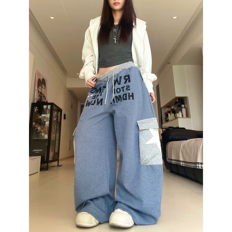 스트라이프 아메리칸 거리 바람 레트로 캐주얼 웨이 바지 여성 넓은 다리 루즈핏 운동 바지 재즈 댄스 jazz 춤추기 바지 상세 이미지 2