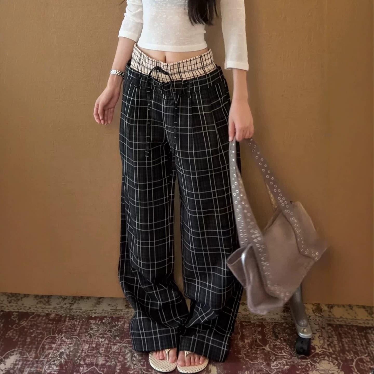 아메리칸 레트로 더블 허리 머리 패치워크 펌프 로프 체크무늬 캐주얼 바지 남자 여자 다용도 루즈핏 스트레이트 허리밴드 긴 바지 이미지 3