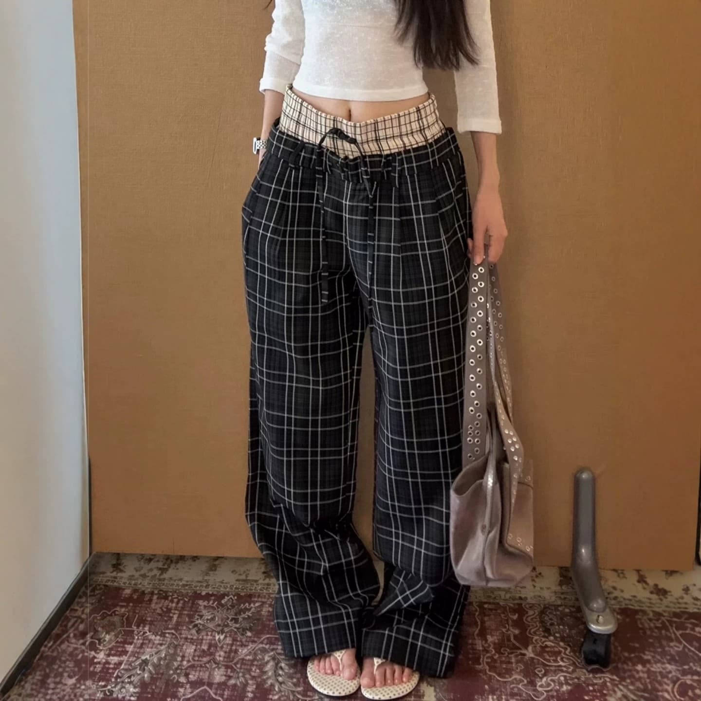 아메리칸 레트로 더블 허리 머리 패치워크 펌프 로프 체크무늬 캐주얼 바지 남자 여자 다용도 루즈핏 스트레이트 허리밴드 긴 바지 이미지 2