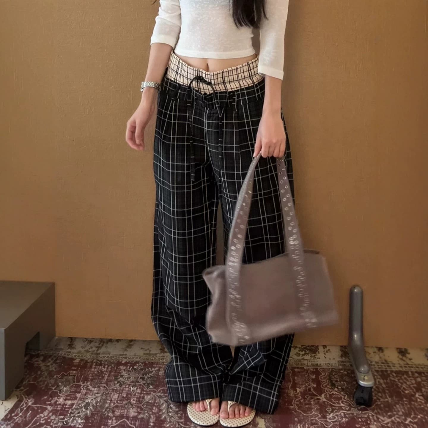 아메리칸 레트로 더블 허리 머리 패치워크 펌프 로프 체크무늬 캐주얼 바지 남자 여자 다용도 루즈핏 스트레이트 허리밴드 긴 바지 이미지 5