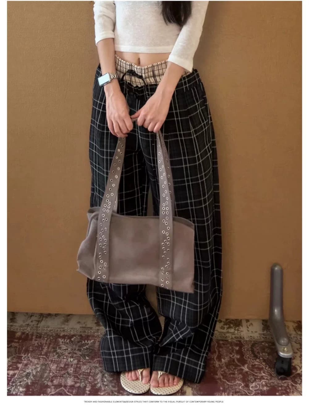 아메리칸 레트로 더블 허리 머리 패치워크 펌프 로프 체크무늬 캐주얼 바지 남자 여자 다용도 루즈핏 스트레이트 허리밴드 긴 바지 상세 이미지 6