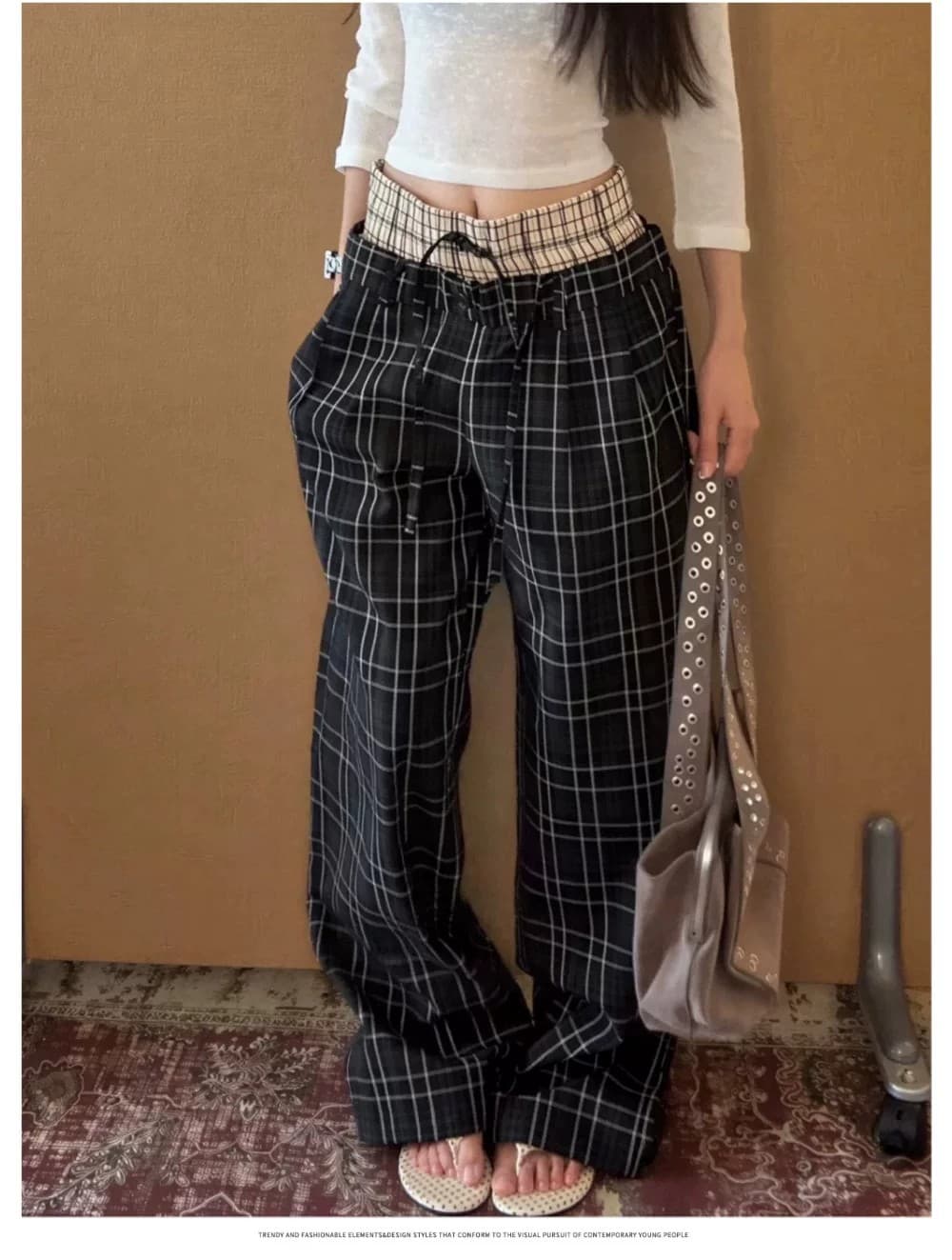 아메리칸 레트로 더블 허리 머리 패치워크 펌프 로프 체크무늬 캐주얼 바지 남자 여자 다용도 루즈핏 스트레이트 허리밴드 긴 바지 상세 이미지 7