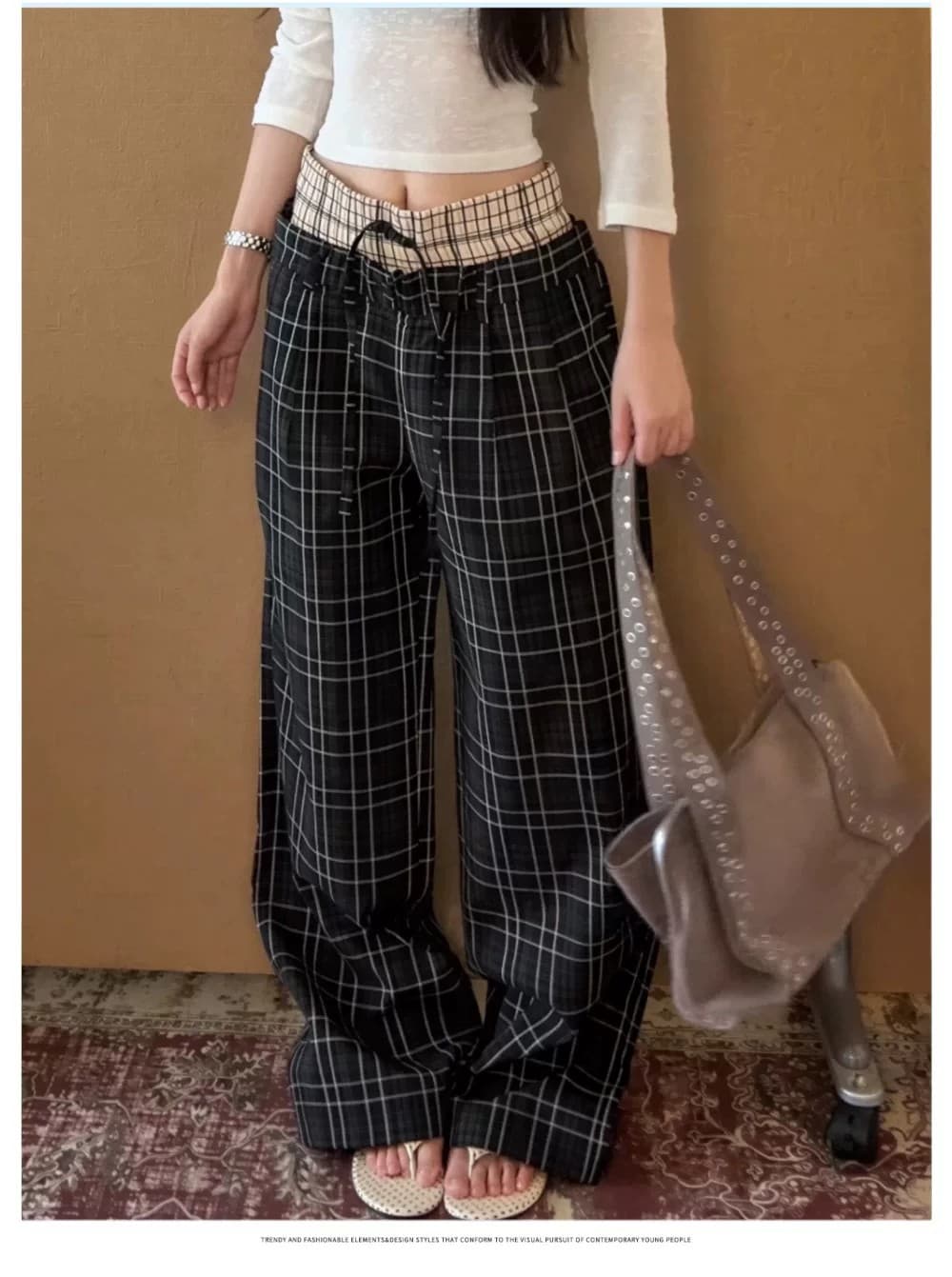 아메리칸 레트로 더블 허리 머리 패치워크 펌프 로프 체크무늬 캐주얼 바지 남자 여자 다용도 루즈핏 스트레이트 허리밴드 긴 바지 상세 이미지 8