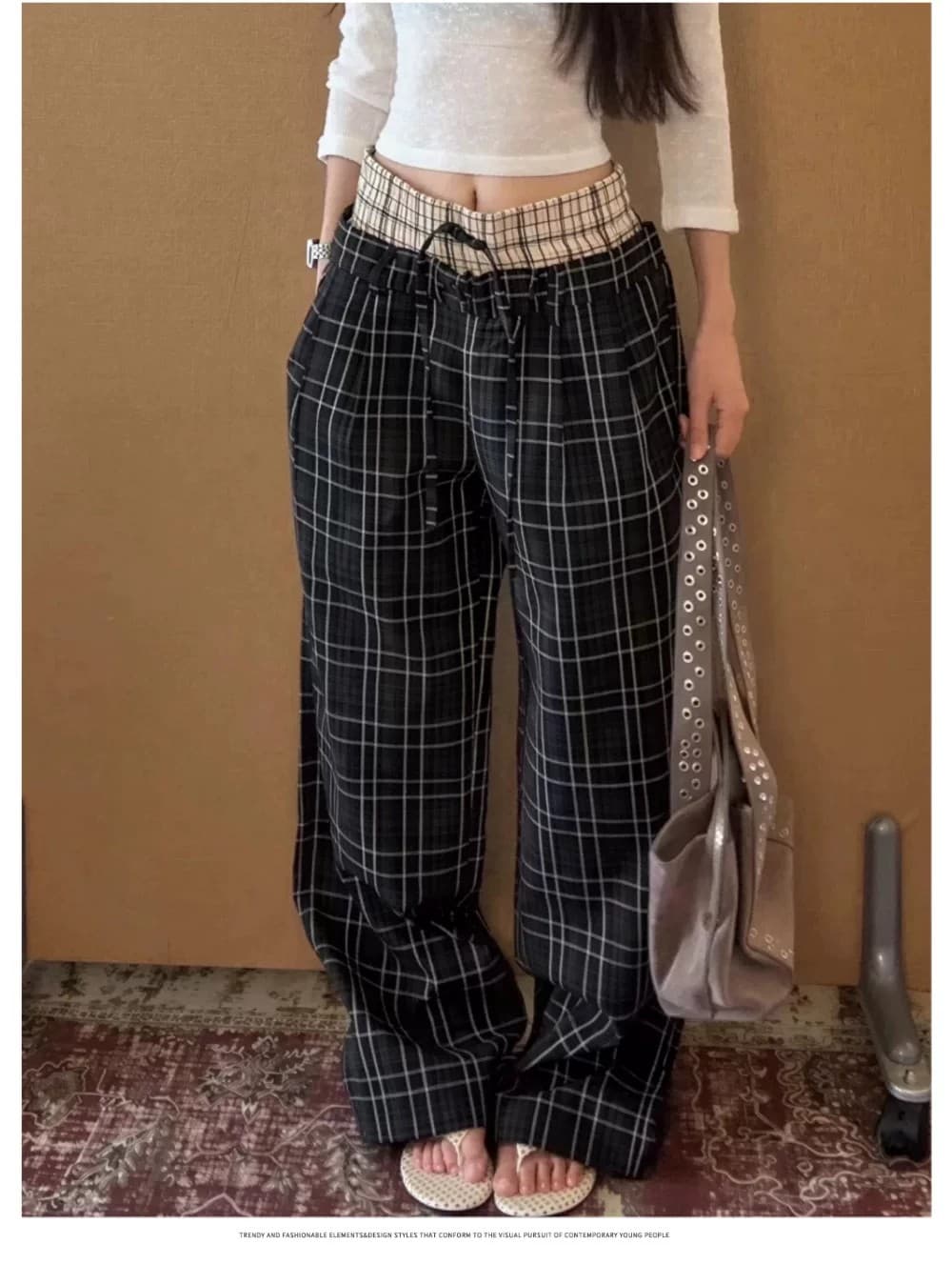 아메리칸 레트로 더블 허리 머리 패치워크 펌프 로프 체크무늬 캐주얼 바지 남자 여자 다용도 루즈핏 스트레이트 허리밴드 긴 바지 상세 이미지 9