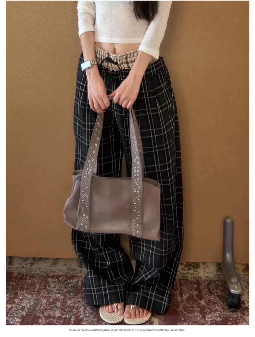 아메리칸 레트로 더블 허리 머리 패치워크 펌프 로프 체크무늬 캐주얼 바지 남자 여자 다용도 루즈핏 스트레이트 허리밴드 긴 바지 상세 이미지 11