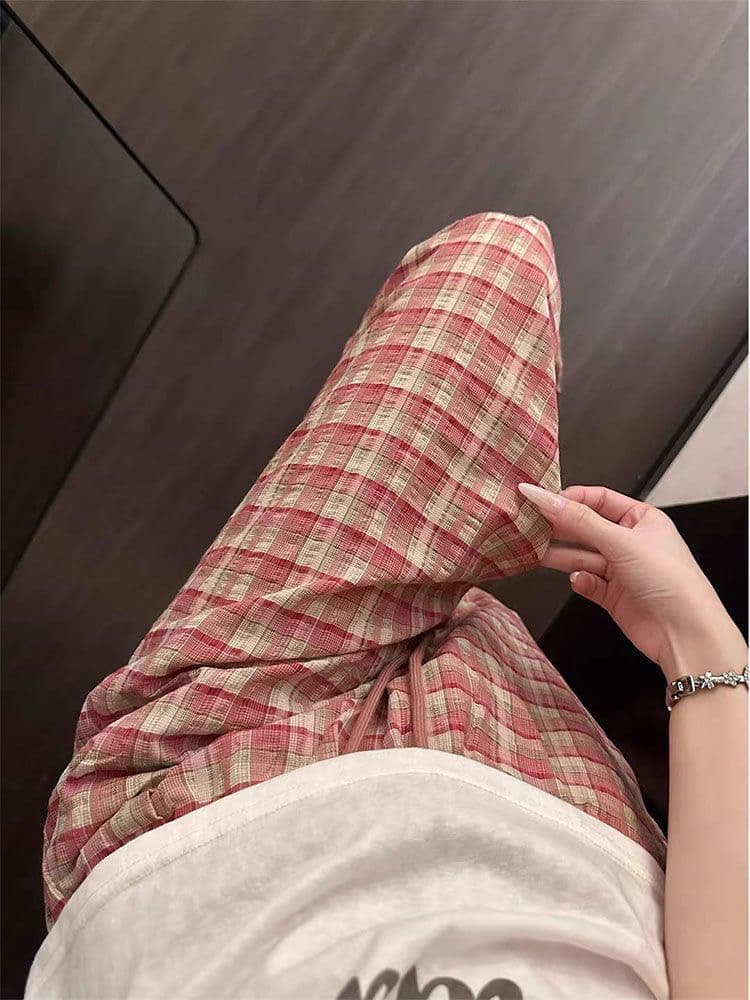 핑크색 체크무늬 펌프 로프 와이드 레깅스 바지 얇은 스타일 2026 여름 새로운 루즈핏 슬림해 보이는 느긋한 바람 캐주얼 이미지 3