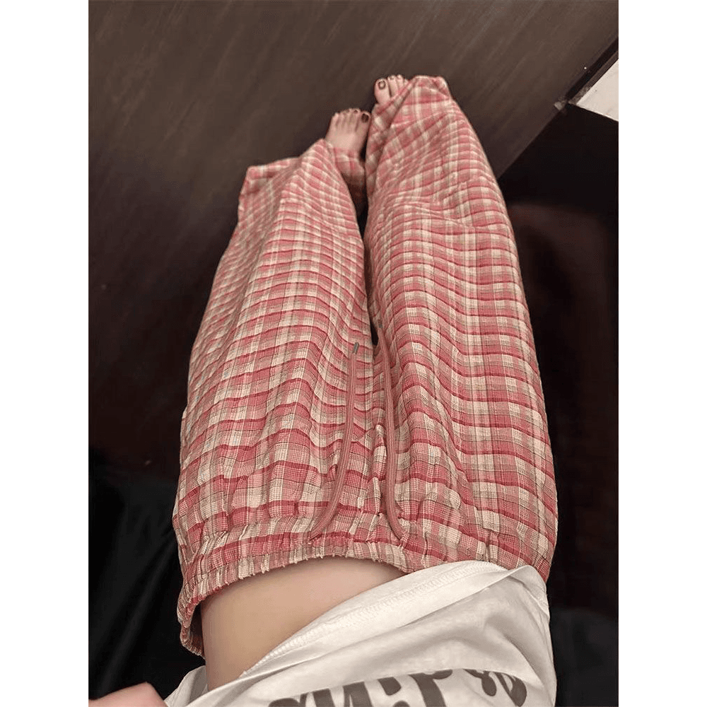 핑크색 체크무늬 펌프 로프 와이드 레깅스 바지 얇은 스타일 2026 여름 새로운 루즈핏 슬림해 보이는 느긋한 바람 캐주얼 이미지 5
