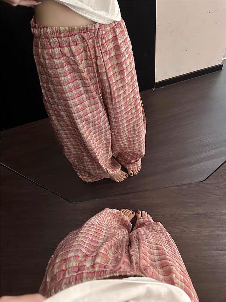 핑크색 체크무늬 펌프 로프 와이드 레깅스 바지 얇은 스타일 2026 여름 새로운 루즈핏 슬림해 보이는 느긋한 바람 캐주얼 상세 이미지 1