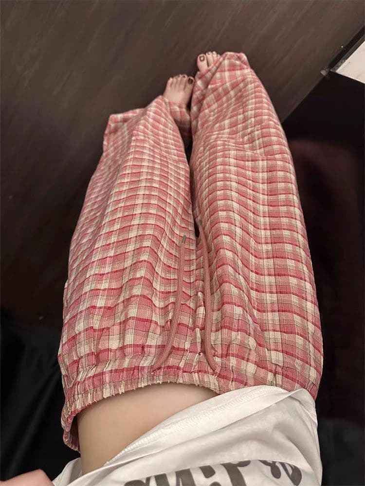 핑크색 체크무늬 펌프 로프 와이드 레깅스 바지 얇은 스타일 2026 여름 새로운 루즈핏 슬림해 보이는 느긋한 바람 캐주얼 상세 이미지 3