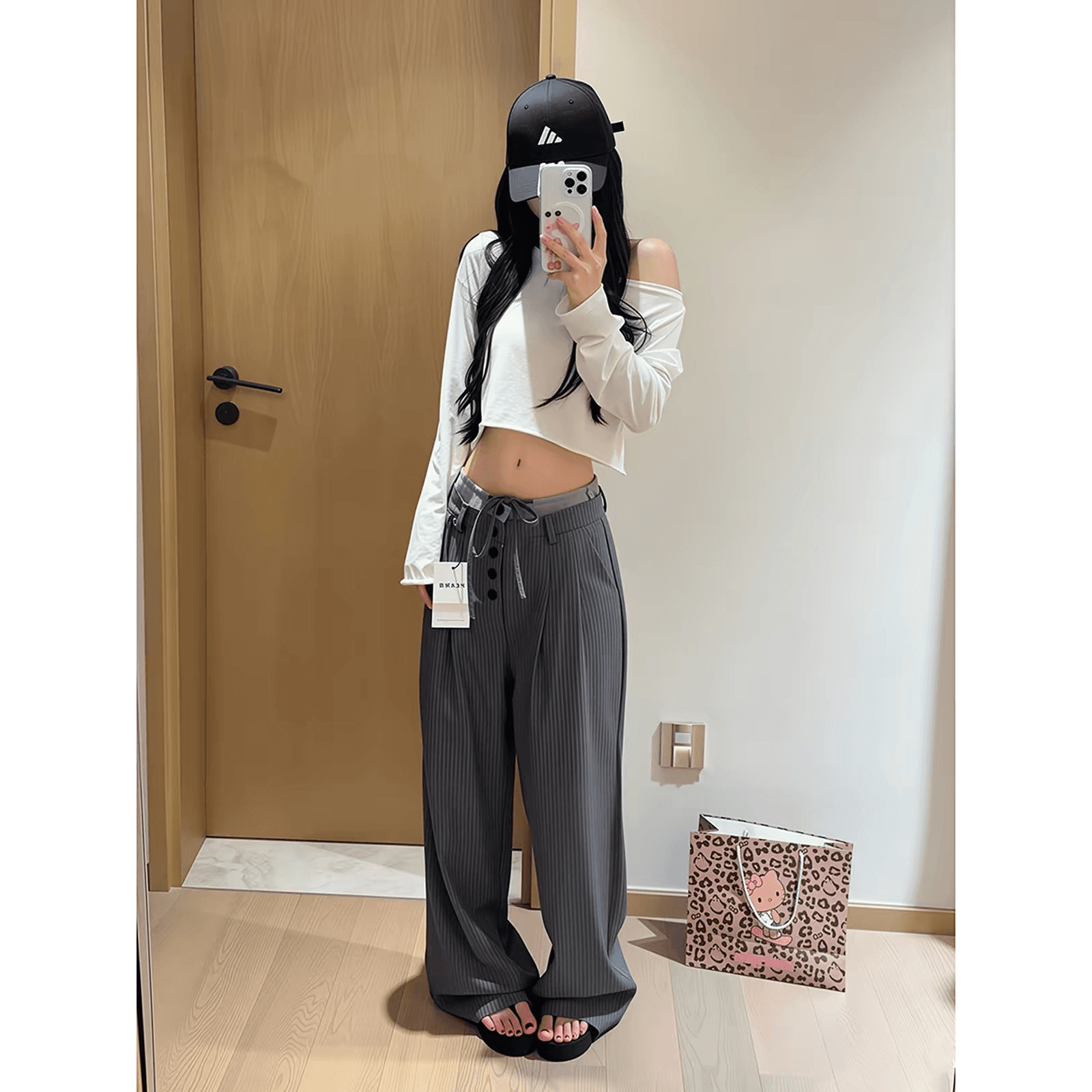 아메리칸 레트로 더블 허리 머리 스트라이프 캐주얼 슬랙스 남녀 도루 센스 고급 센스 바지 스트레이트 슬림해 보이는 바닥 청소 긴 바지 이미지 5