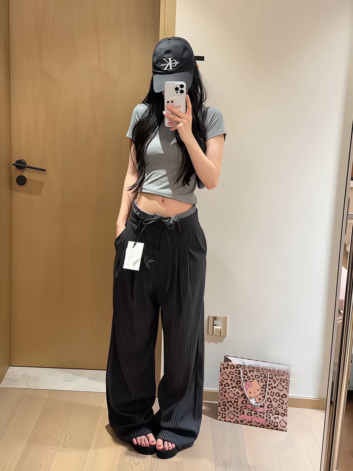 아메리칸 레트로 더블 허리 머리 스트라이프 캐주얼 슬랙스 남녀 도루 센스 고급 센스 바지 스트레이트 슬림해 보이는 바닥 청소 긴 바지 상세 이미지 4