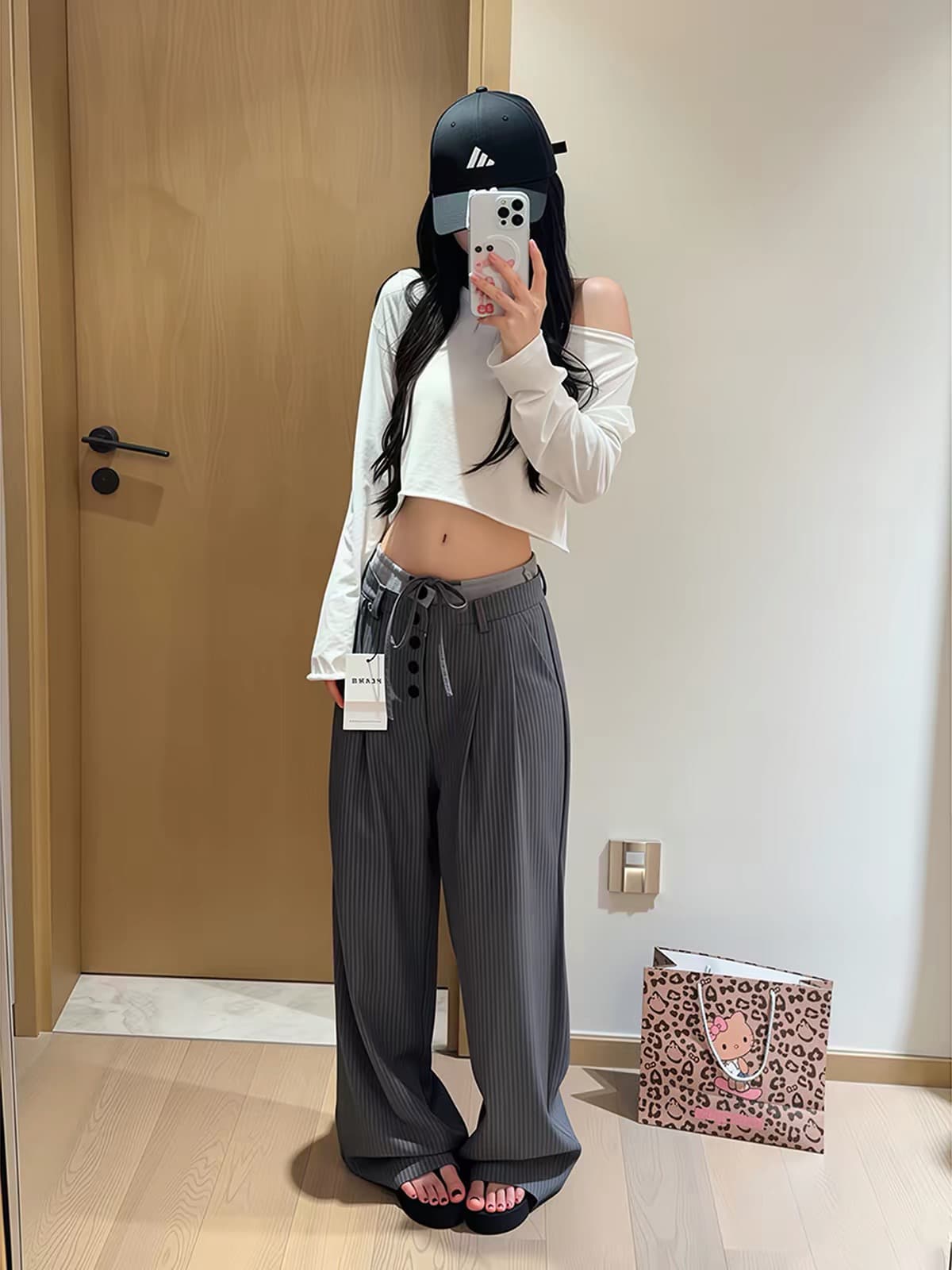 아메리칸 레트로 더블 허리 머리 스트라이프 캐주얼 슬랙스 남녀 도루 센스 고급 센스 바지 스트레이트 슬림해 보이는 바닥 청소 긴 바지 상세 이미지 5