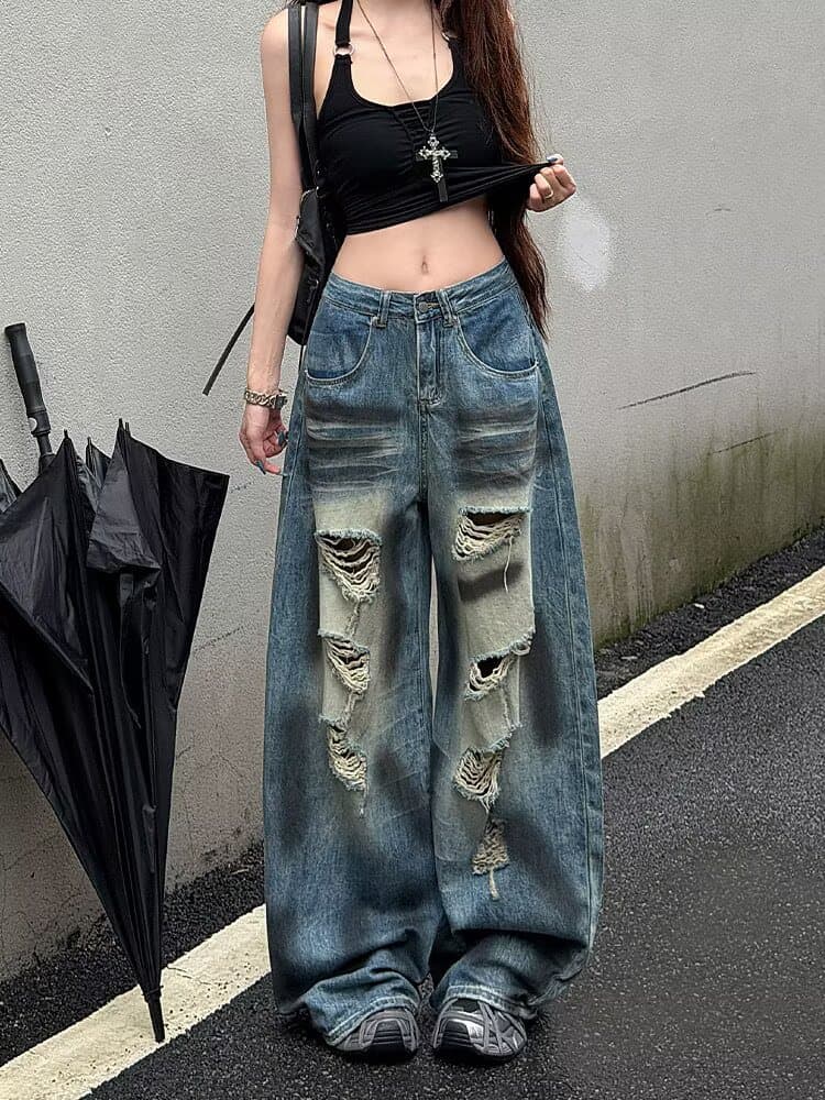 여름 찢어진 부분 넓은 다리 바닥 청소 청바지 여성 아메리칸 레트로 핫걸 스트레이트 루즈핏 슬림해 보이는 디자인 센스 롱 바지 상세 이미지 9