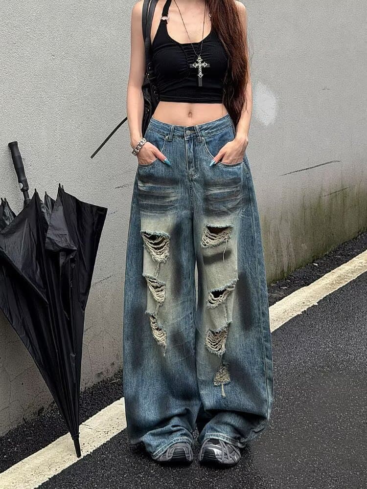 여름 찢어진 부분 넓은 다리 바닥 청소 청바지 여성 아메리칸 레트로 핫걸 스트레이트 루즈핏 슬림해 보이는 디자인 센스 롱 바지 상세 이미지 11