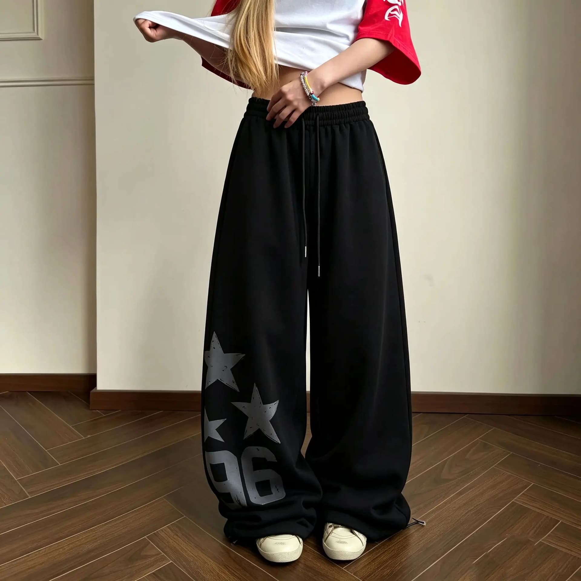 조수 브랜드 아메리칸 레트로 루즈핏 캐주얼 운동 바지 여성 여름 새로운 거리 웃음 하 다용도 재즈 춤추기 웨이 바지 이미지 2