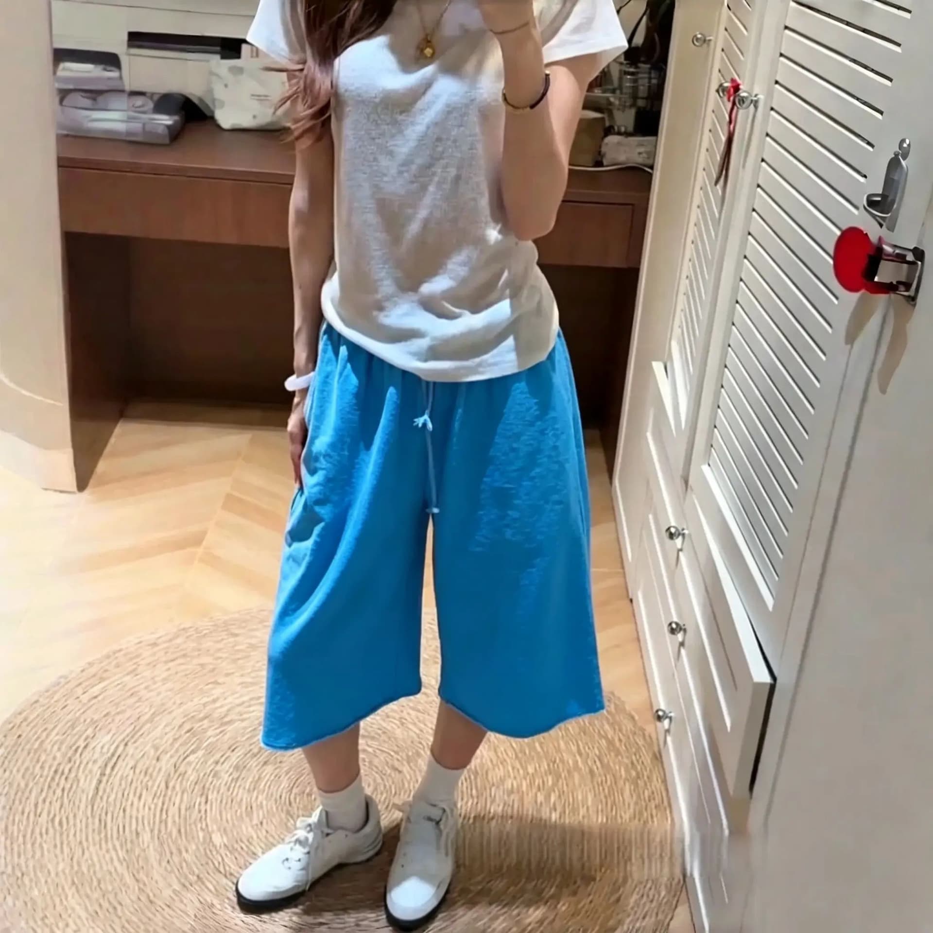 아메리칸 느슨함 센스 펌프 로프 레이스업 넓은 다리 7부 바지 여성 여름 얇은 스타일 휴식 센스 루즈핏 다용도 캐주얼 반바지 상세 이미지 4