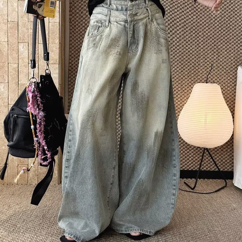 작은 키 레트로 워싱 노란 진흙 블루 마 오래된 청바지 여성 루즈핏 도루 센스 거친 가장자리 디자인 레트로 넓은 다리 길이 바지 이미지 4