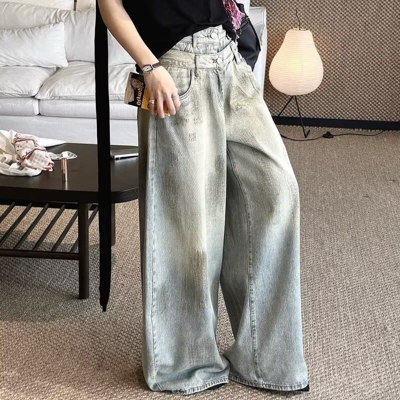 작은 키 레트로 워싱 노란 진흙 블루 마 오래된 청바지 여성 루즈핏 도루 센스 거친 가장자리 디자인 레트로 넓은 다리 길이 바지 상세 이미지 6