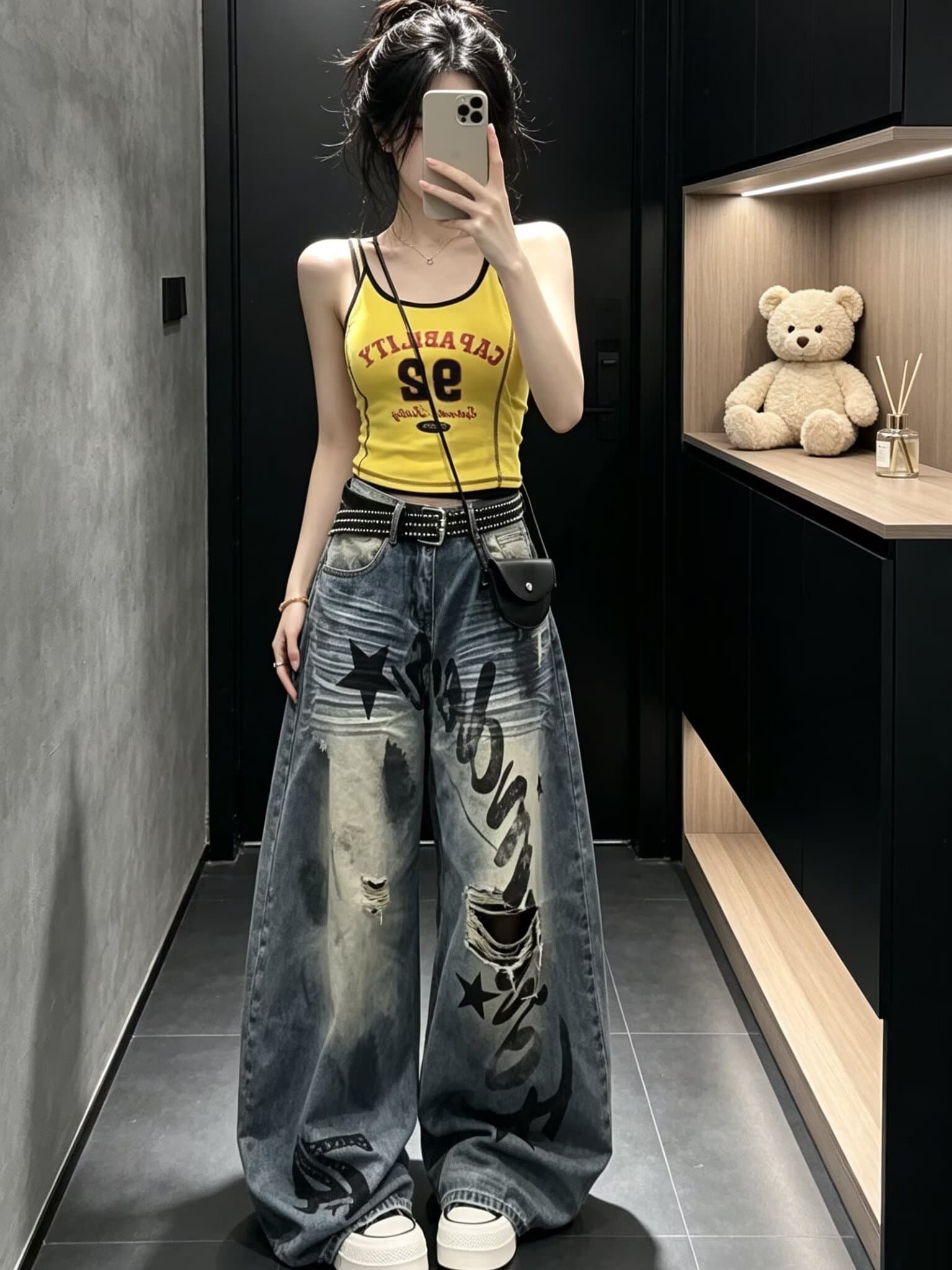 아메리칸 레트로 홀치기 염색 불모지 바람 청바지 여성 여름 새로운 하이웨이스트 슬림해 보이는 칼 절단 찢어진 부분 넓은 다리 길이 바지 이미지 3