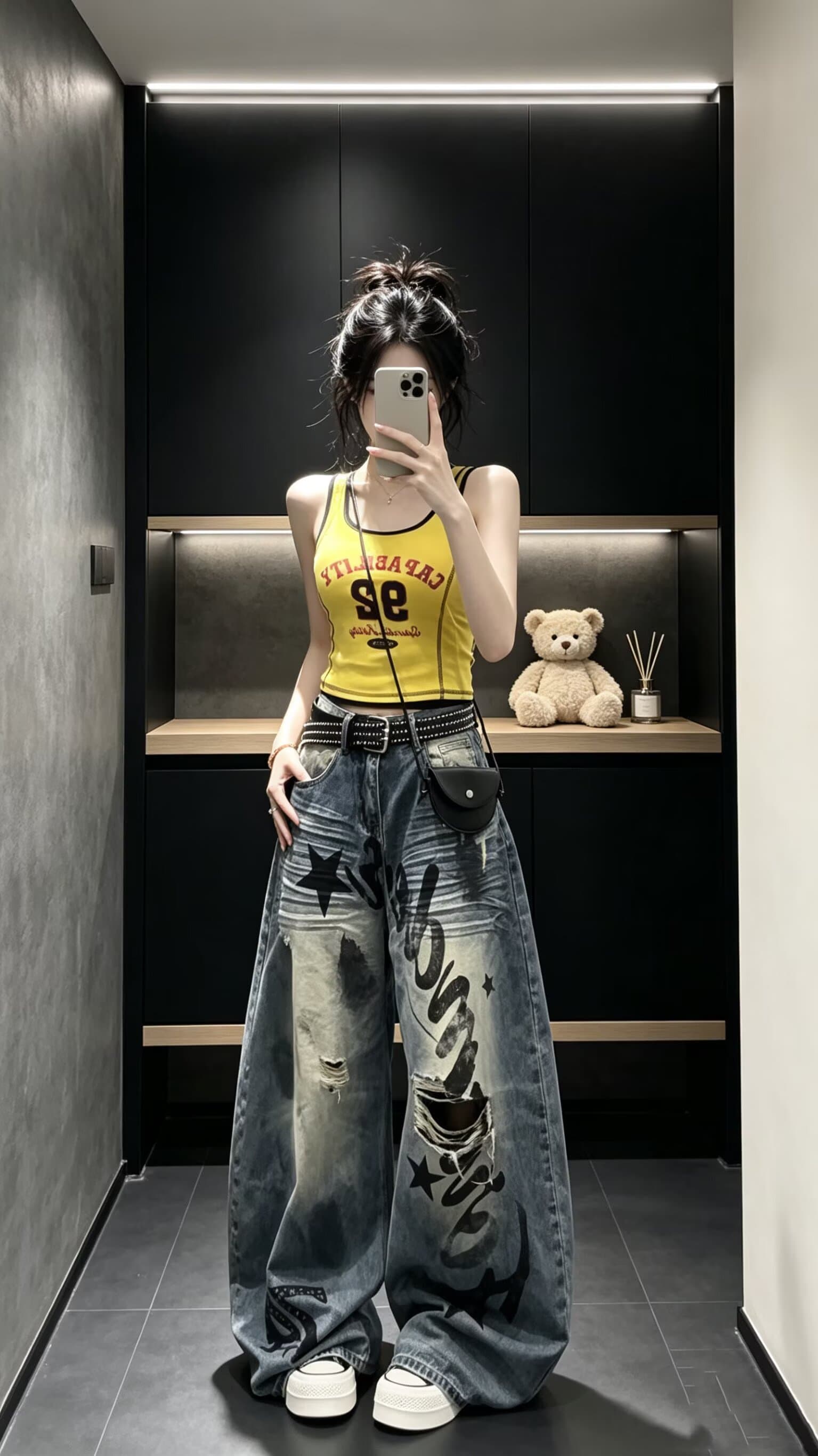 아메리칸 레트로 홀치기 염색 불모지 바람 청바지 여성 여름 새로운 하이웨이스트 슬림해 보이는 칼 절단 찢어진 부분 넓은 다리 길이 바지 상세 이미지 4