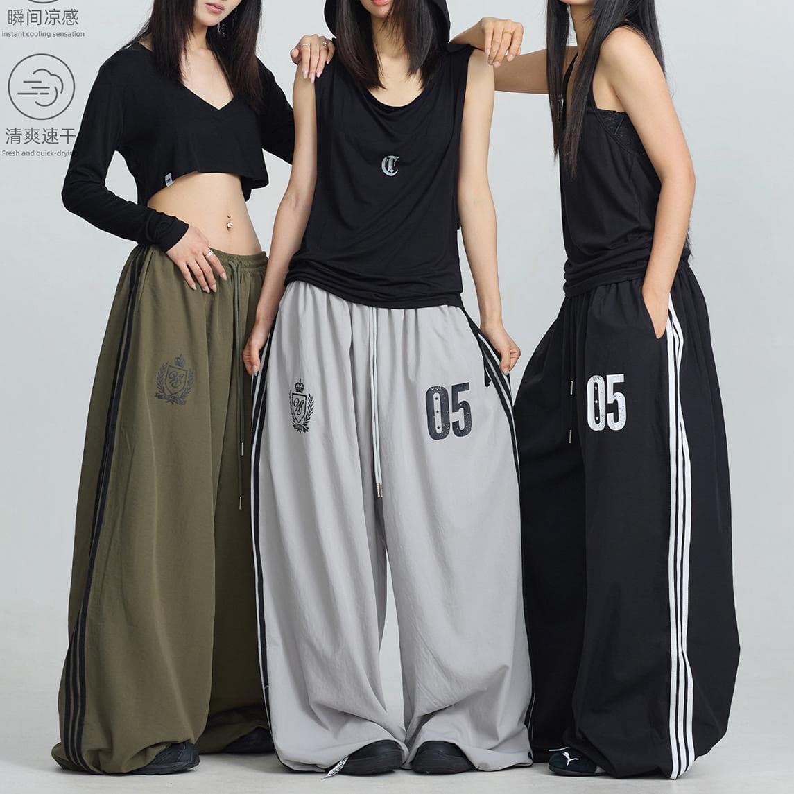 스트리트 댄스 조수 브랜드 oversize 수계 라인 속도 건조한 웃음 하 운동 바지 아메리칸 핫걸 캐주얼 바지 여성 야외
