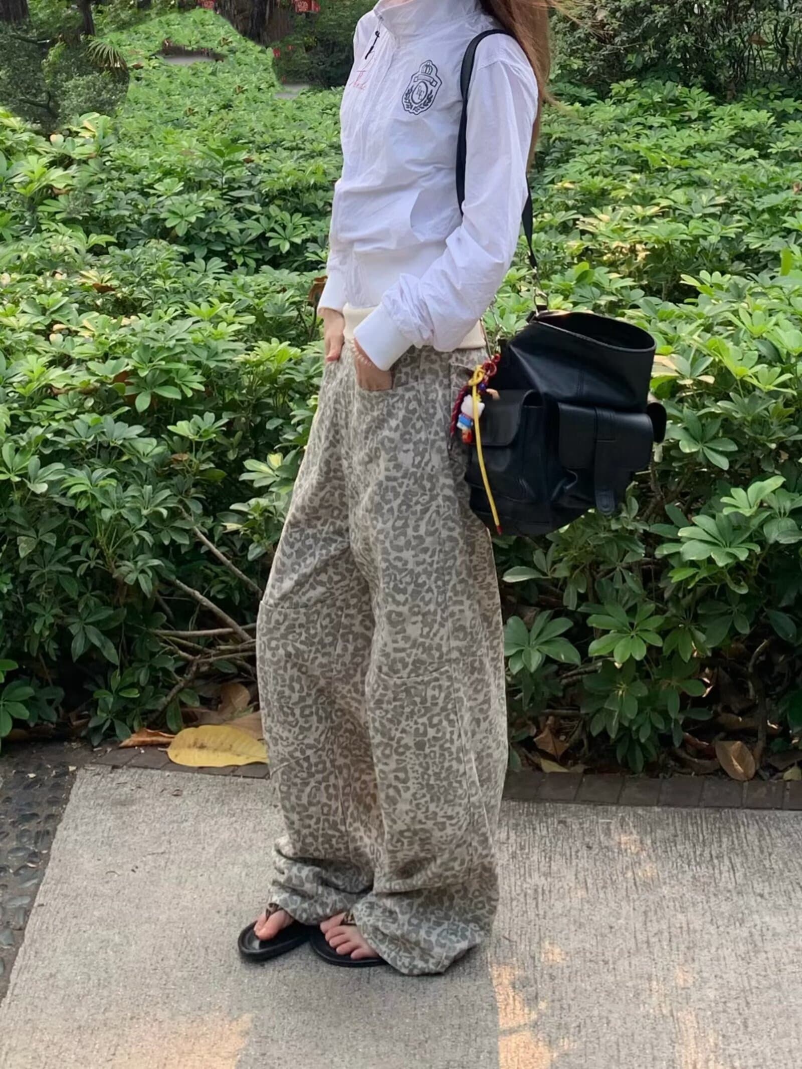 아메리칸 레트로 하이웨이스트 루즈핏 와이드 레그 팬츠 레오파드 무늬 모통이 칼 바지 다용도 봄 도루 센스 낫 캐주얼 바지 여성 상세 이미지 5