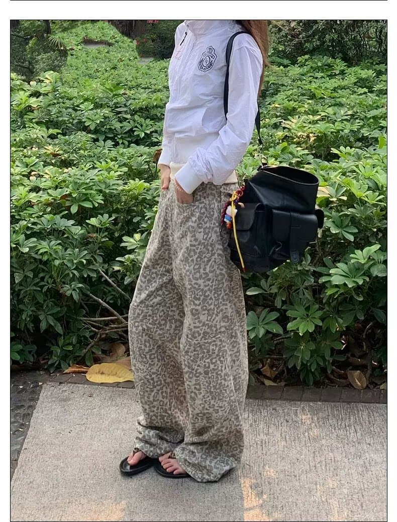 아메리칸 레트로 하이웨이스트 루즈핏 와이드 레그 팬츠 레오파드 무늬 모통이 칼 바지 다용도 봄 도루 센스 낫 캐주얼 바지 여성 상세 이미지 14