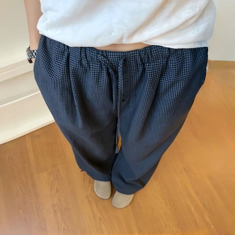 한 부서 느긋한 바람 느슨함 센스 체크무늬 와이드 레깅스 바지 여름 얇은 스타일 하이웨이스트 루즈핏 슬림해 보이는 스트레이트 캐주얼 바지 이미지 2