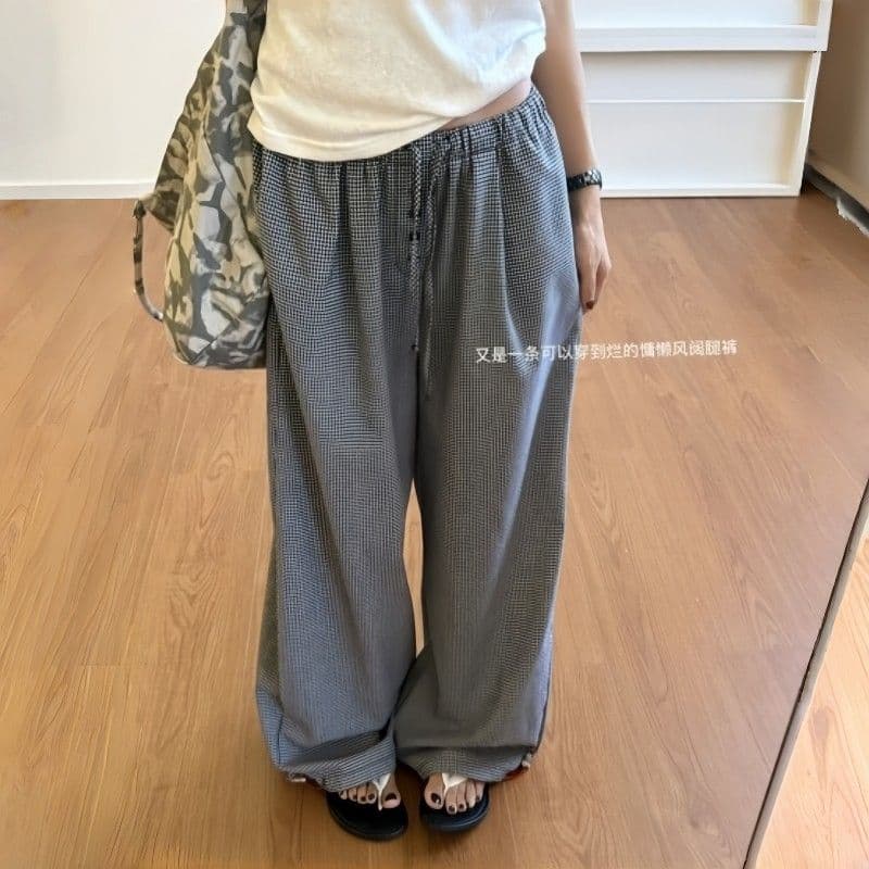 한 부서 느긋한 바람 느슨함 센스 체크무늬 와이드 레깅스 바지 여름 얇은 스타일 하이웨이스트 루즈핏 슬림해 보이는 스트레이트 캐주얼 바지 이미지 3