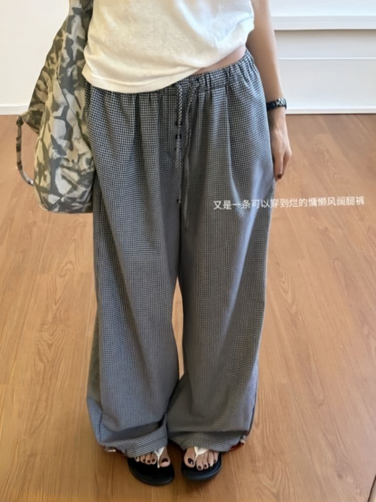 한 부서 느긋한 바람 느슨함 센스 체크무늬 와이드 레깅스 바지 여름 얇은 스타일 하이웨이스트 루즈핏 슬림해 보이는 스트레이트 캐주얼 바지 상세 이미지 2