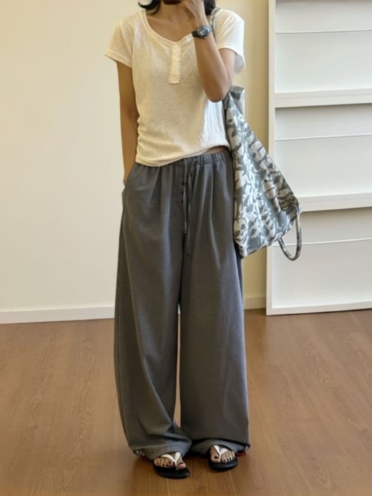 한 부서 느긋한 바람 느슨함 센스 체크무늬 와이드 레깅스 바지 여름 얇은 스타일 하이웨이스트 루즈핏 슬림해 보이는 스트레이트 캐주얼 바지 상세 이미지 5