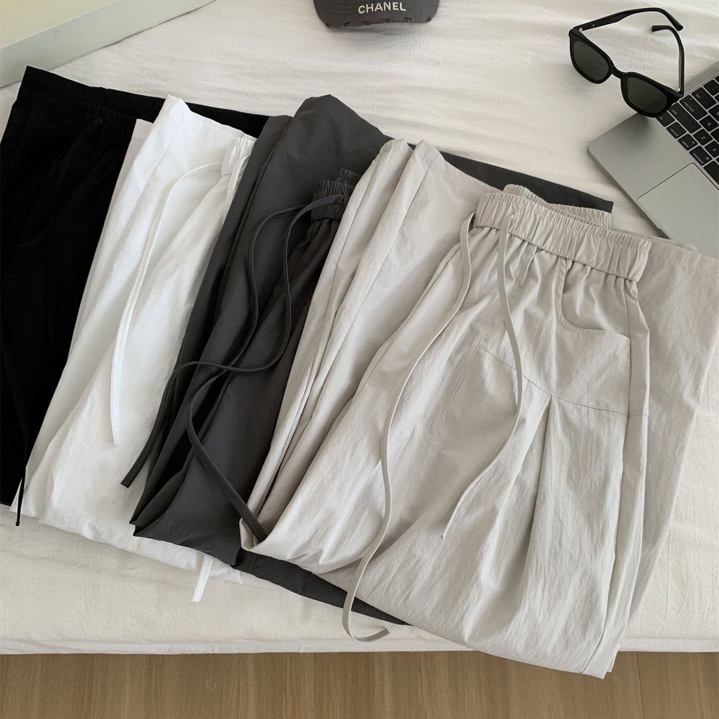 허리밴드 디자인 센스 펌프 Pleat 와이드 레깅스 바지 여름 새로운 한 부서 패션 느긋한 느슨함 속도 건조한 9 포인트 캐주얼 바지 이미지 3
