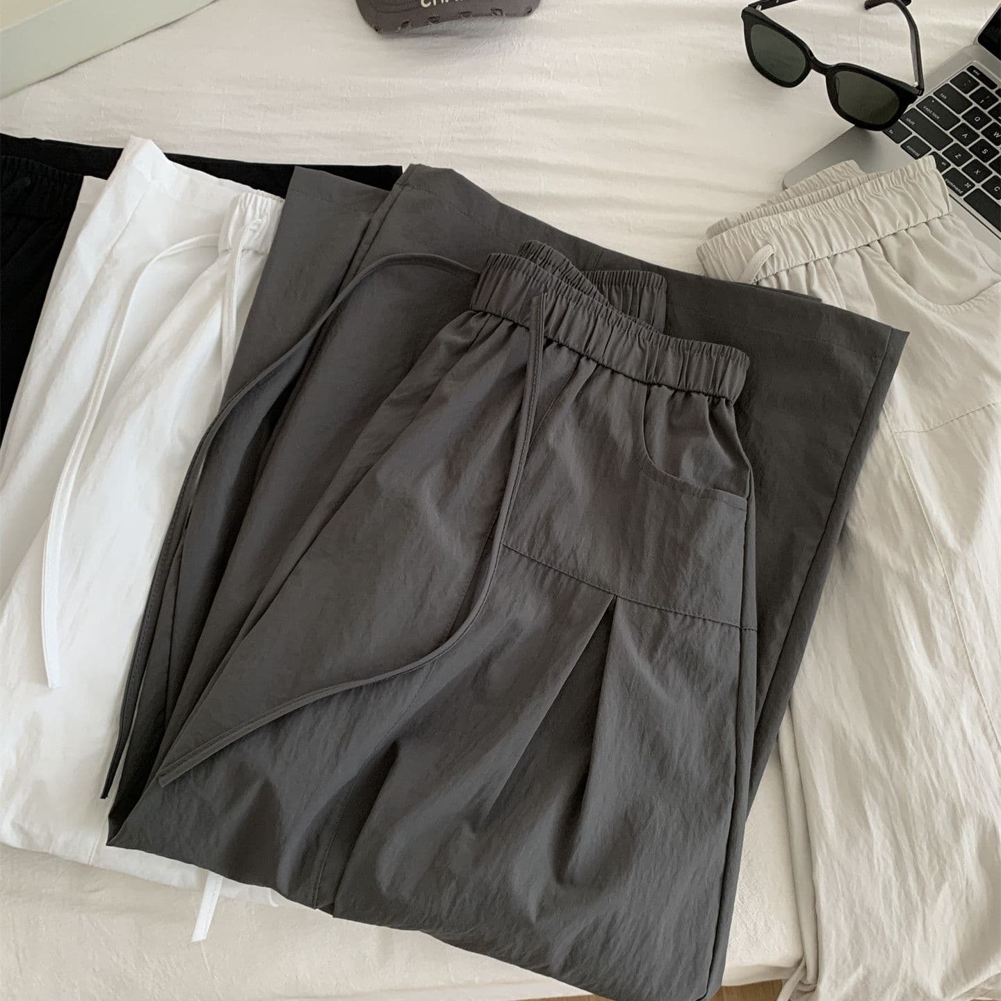 허리밴드 디자인 센스 펌프 Pleat 와이드 레깅스 바지 여름 새로운 한 부서 패션 느긋한 느슨함 속도 건조한 9 포인트 캐주얼 바지 이미지 4