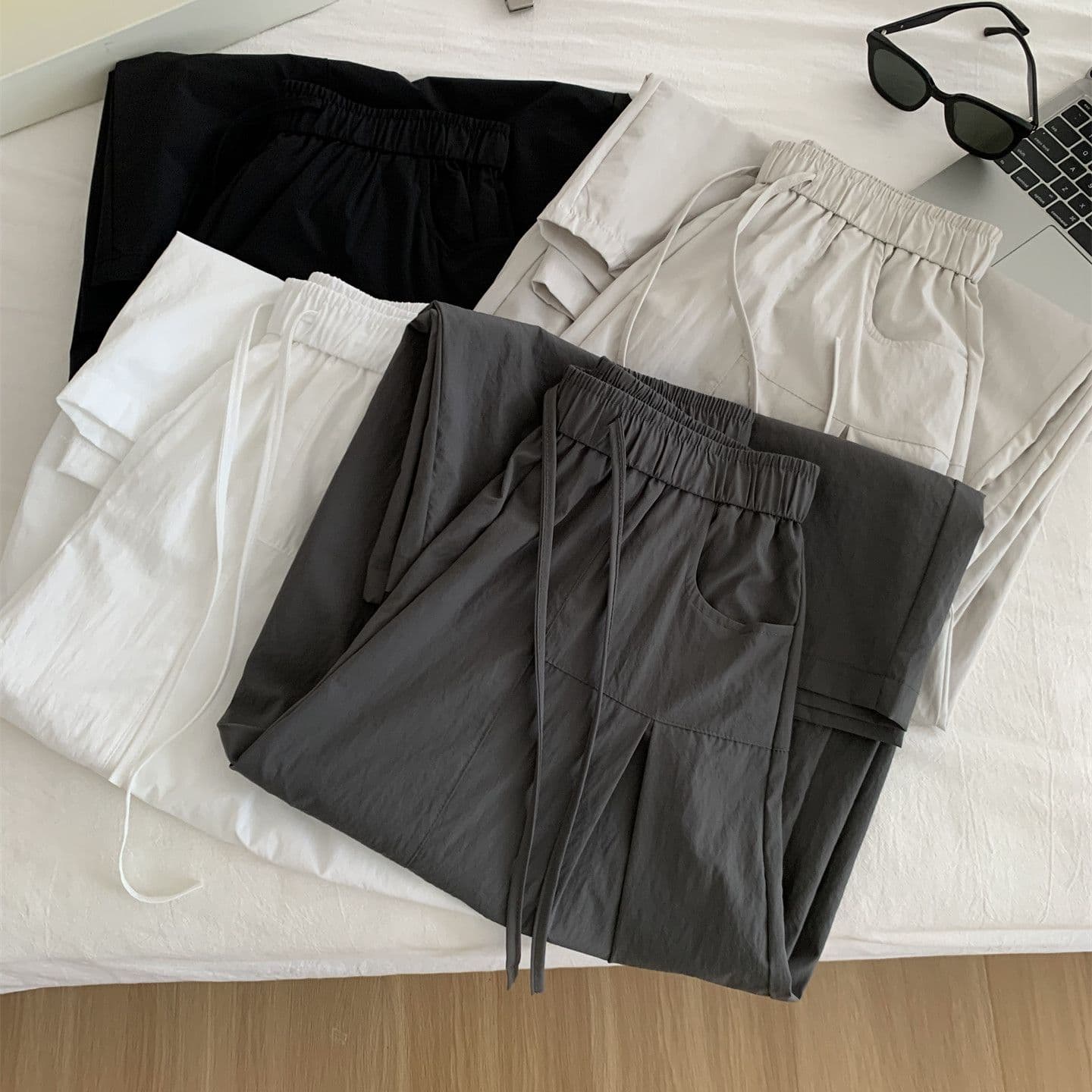 허리밴드 디자인 센스 펌프 Pleat 와이드 레깅스 바지 여름 새로운 한 부서 패션 느긋한 느슨함 속도 건조한 9 포인트 캐주얼 바지 이미지 5