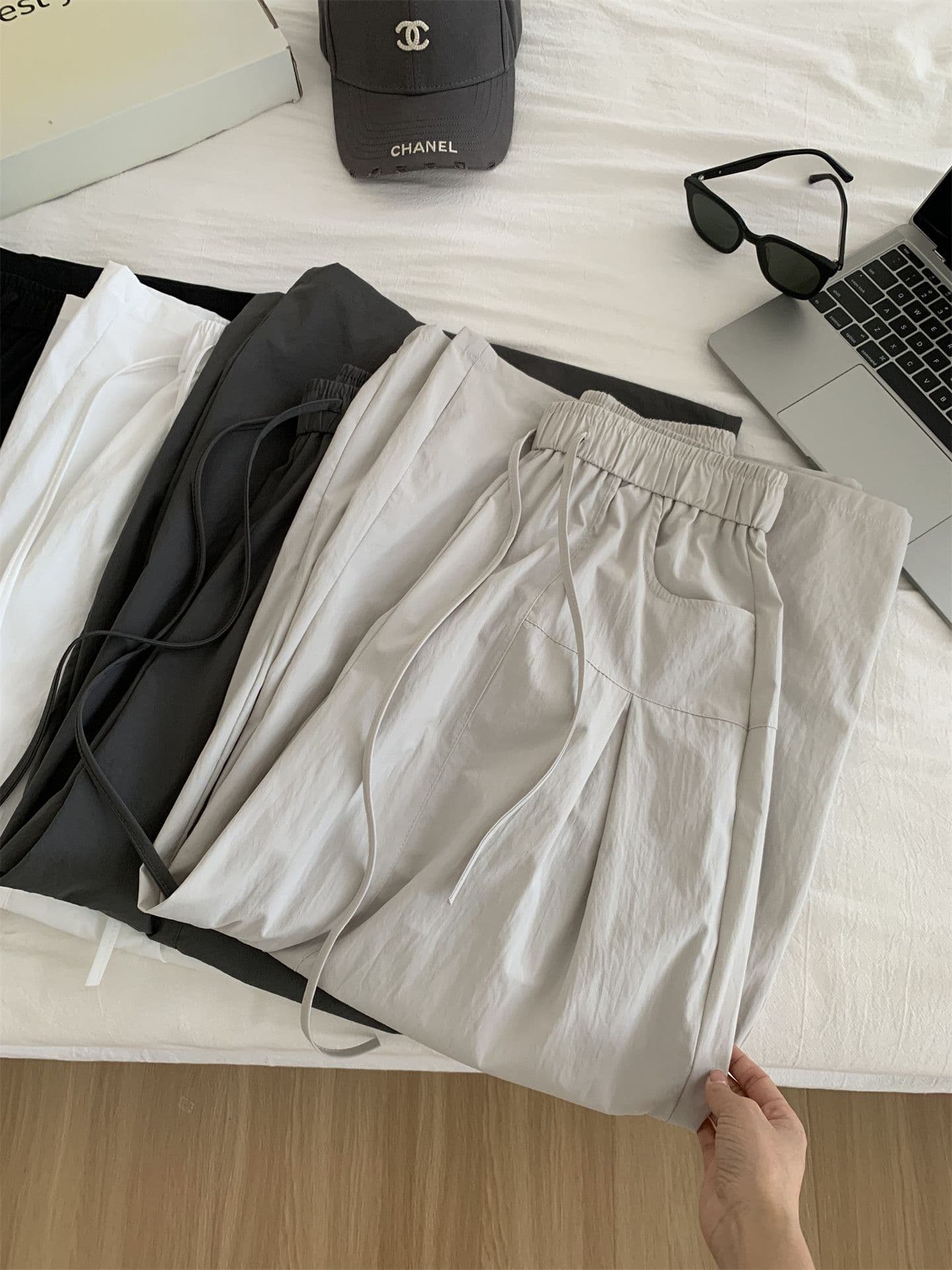 허리밴드 디자인 센스 펌프 Pleat 와이드 레깅스 바지 여름 새로운 한 부서 패션 느긋한 느슨함 속도 건조한 9 포인트 캐주얼 바지 상세 이미지 5