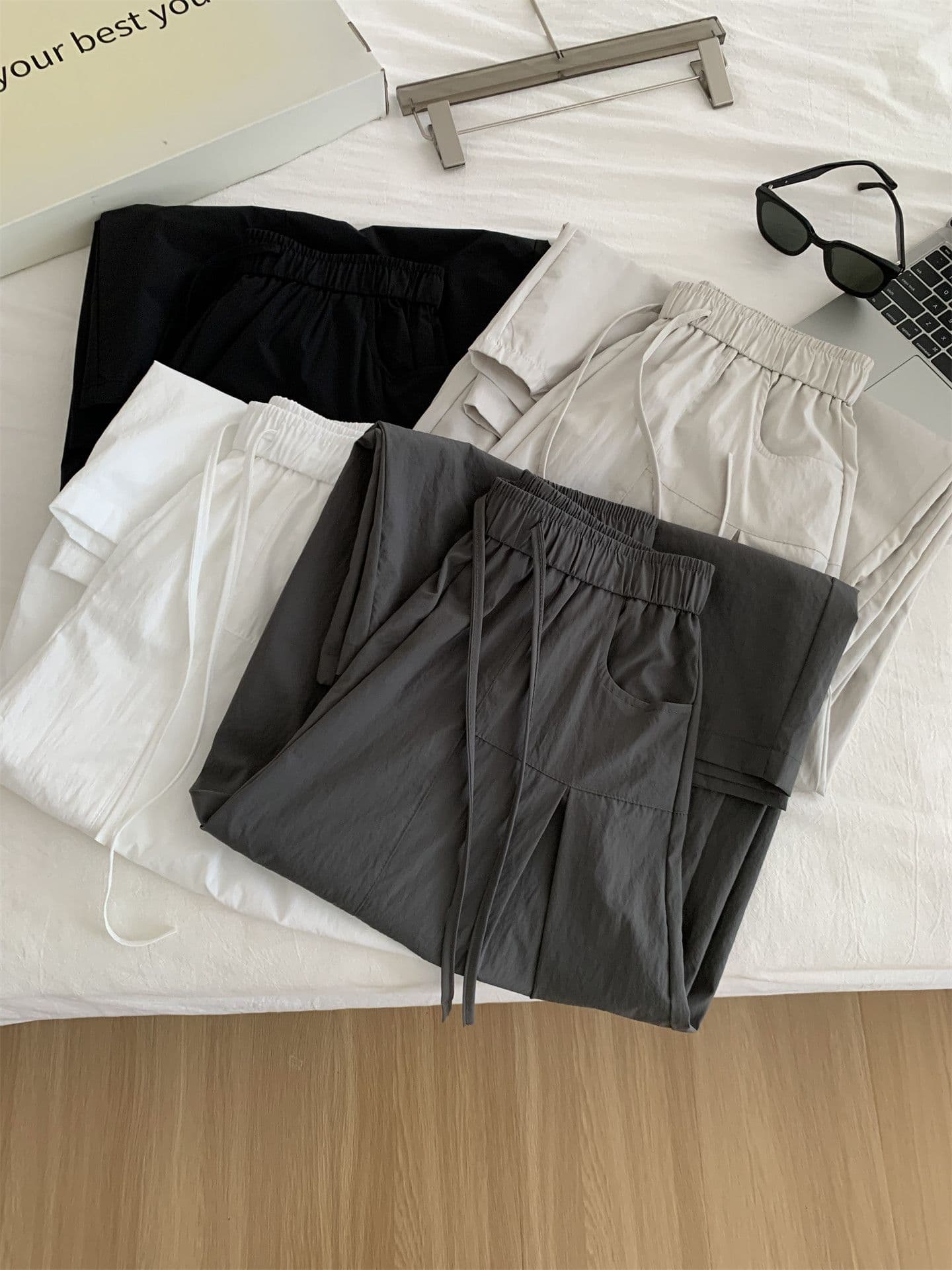 허리밴드 디자인 센스 펌프 Pleat 와이드 레깅스 바지 여름 새로운 한 부서 패션 느긋한 느슨함 속도 건조한 9 포인트 캐주얼 바지 상세 이미지 8