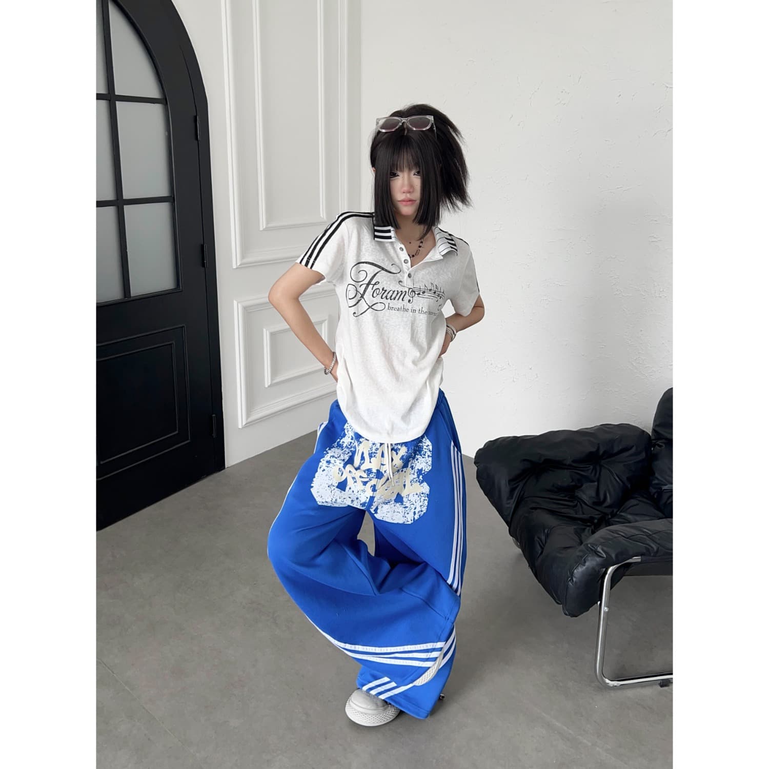 아메리칸 낙서 알파벳 측면 3개 바 마 오래된 웨이 바지 루즈핏 넓은 다리 캐주얼 긴 바지 이미지 4