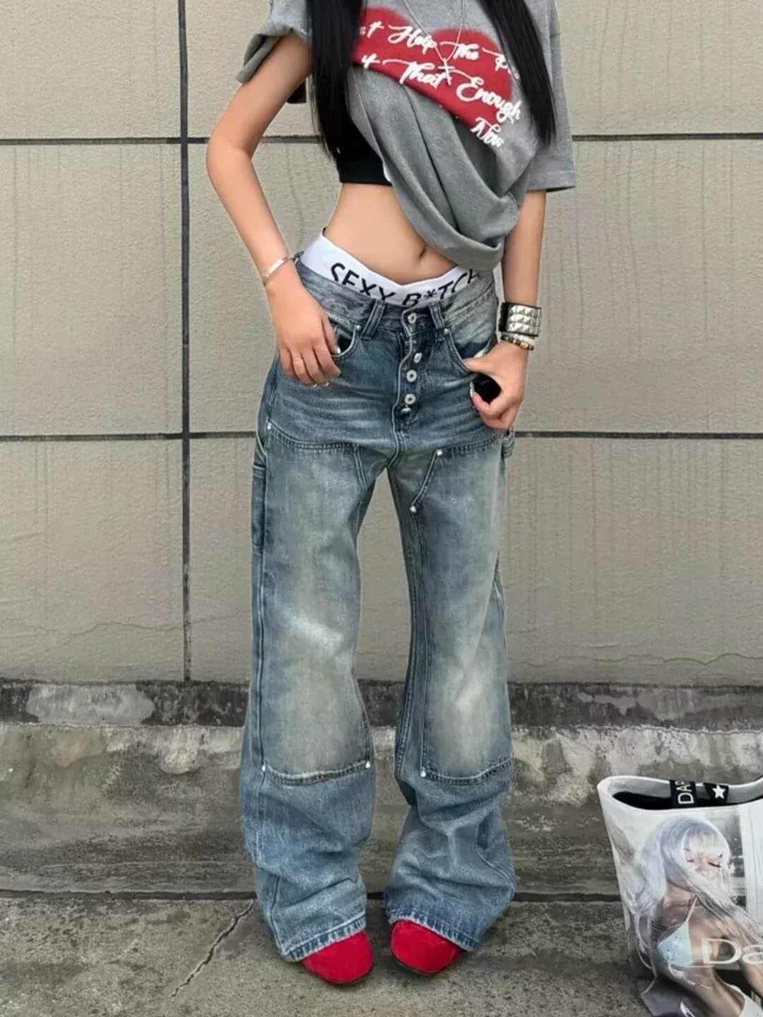 빅 사이즈 아메리칸 높음 거리 레트로 단추 주름 모통이 칼 청바지 여성 2025 새로운 스트레이트 몸매 가꾸기 말뚝 더미 긴 바지 상세 이미지 7