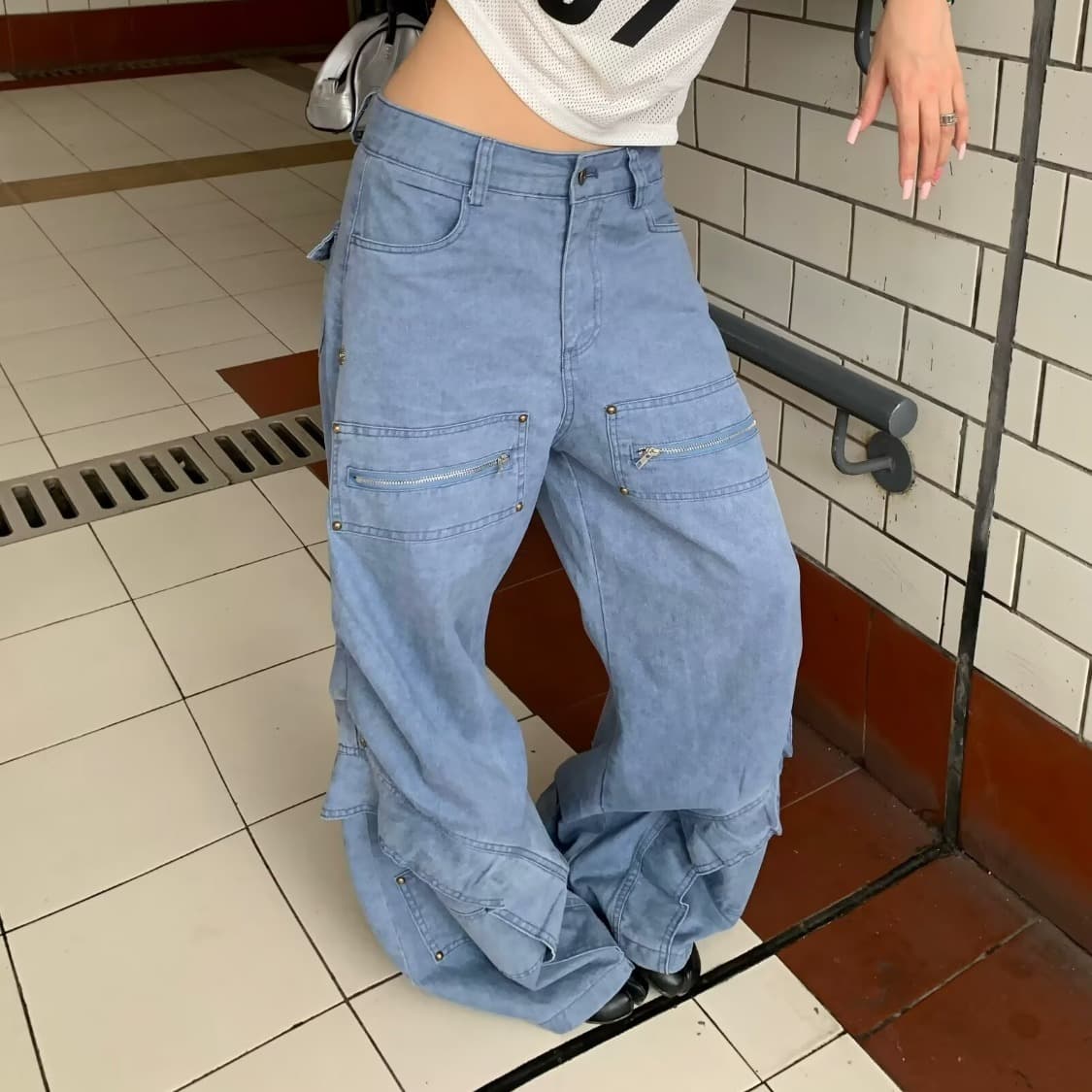 아메리칸 레트로 주름 싸움 연결 일 블루 워크웨어 팬츠 남녀 루즈핏 한 마디 핏 스타일 넓은 다리 길이 바지