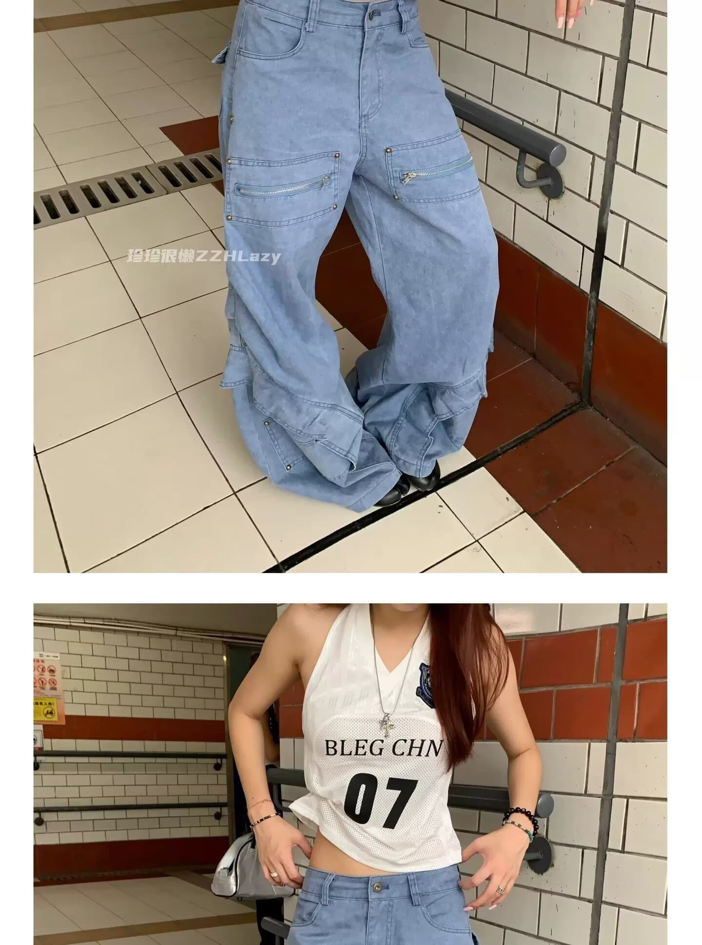 아메리칸 레트로 주름 싸움 연결 일 블루 워크웨어 팬츠 남녀 루즈핏 한 마디 핏 스타일 넓은 다리 길이 바지 상세 이미지 7