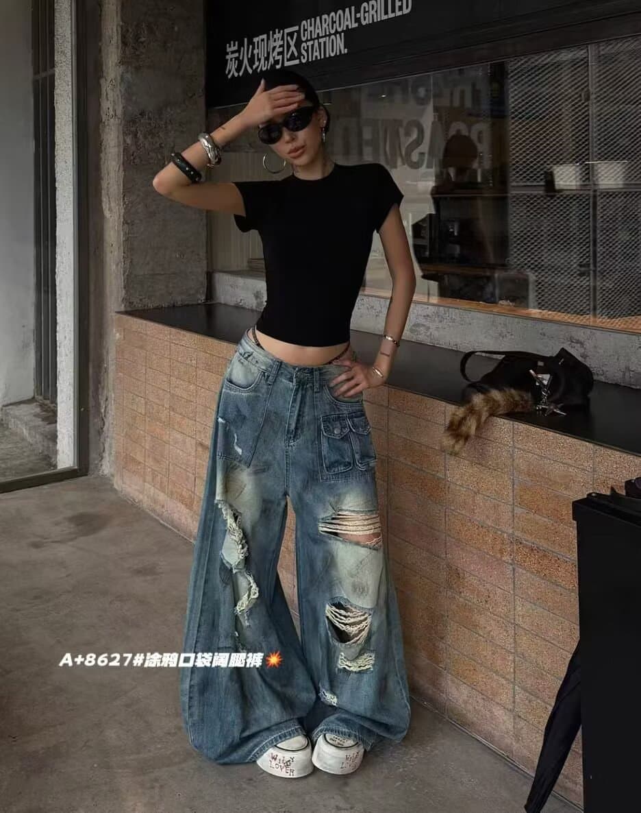 여름 찢어진 부분 넓은 다리 바닥 청소 청바지 여성 아메리칸 레트로 핫걸 스트레이트 루즈핏 슬림해 보이는 디자인 센스 롱 바지 상세 이미지 8