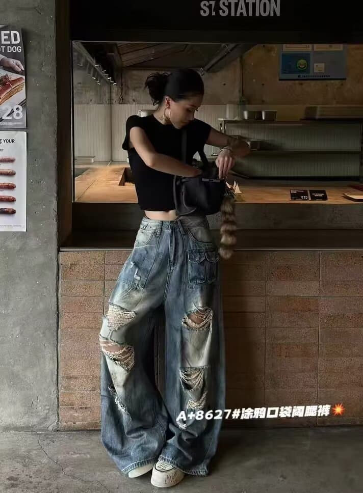 여름 찢어진 부분 넓은 다리 바닥 청소 청바지 여성 아메리칸 레트로 핫걸 스트레이트 루즈핏 슬림해 보이는 디자인 센스 롱 바지 상세 이미지 12