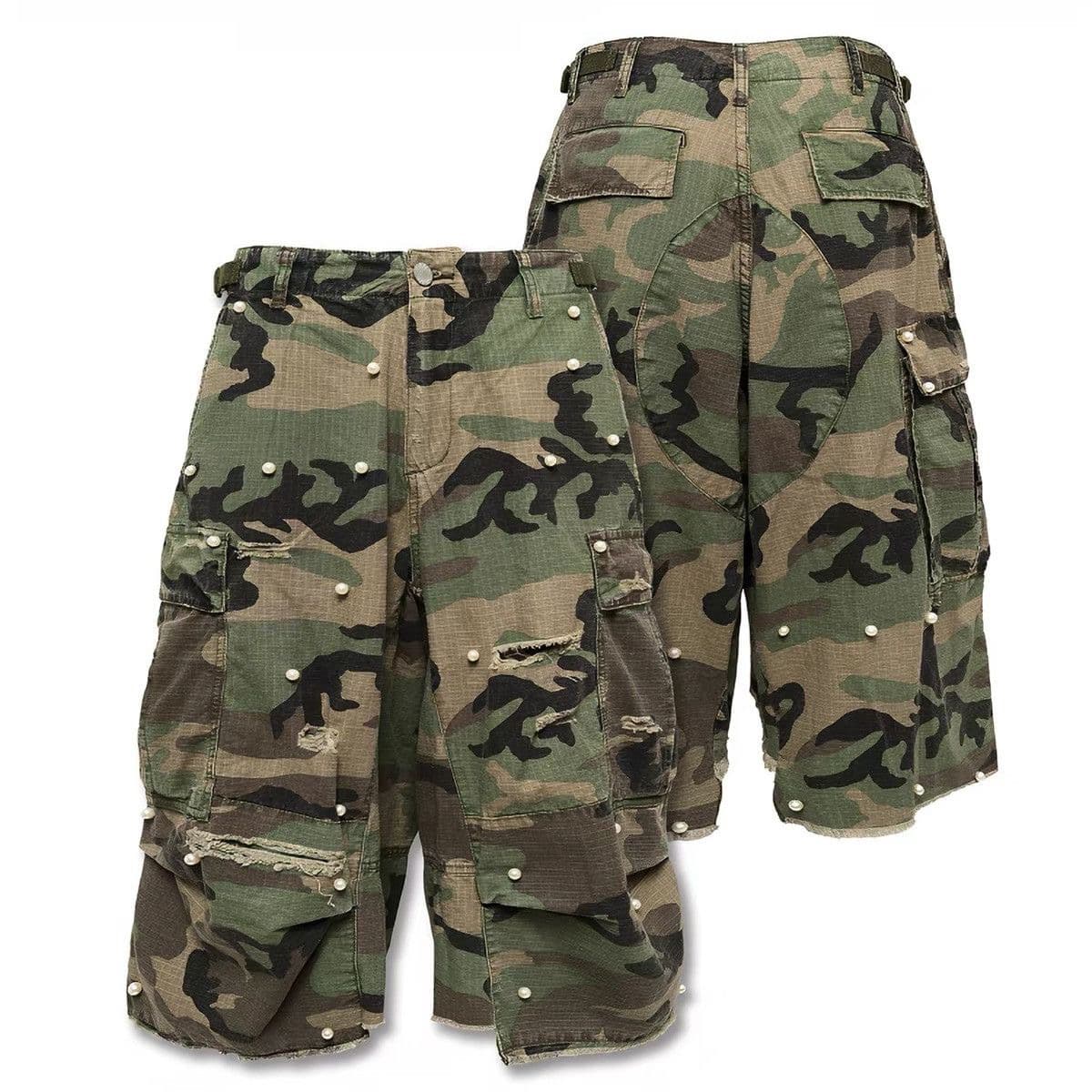아메리칸 레트로 찢어진 부분 진주 카모플라주 데님 7부 바지 남녀 여름 baggy 루즈핏 넓은 다리 워크웨어 반바지 상세 이미지 5