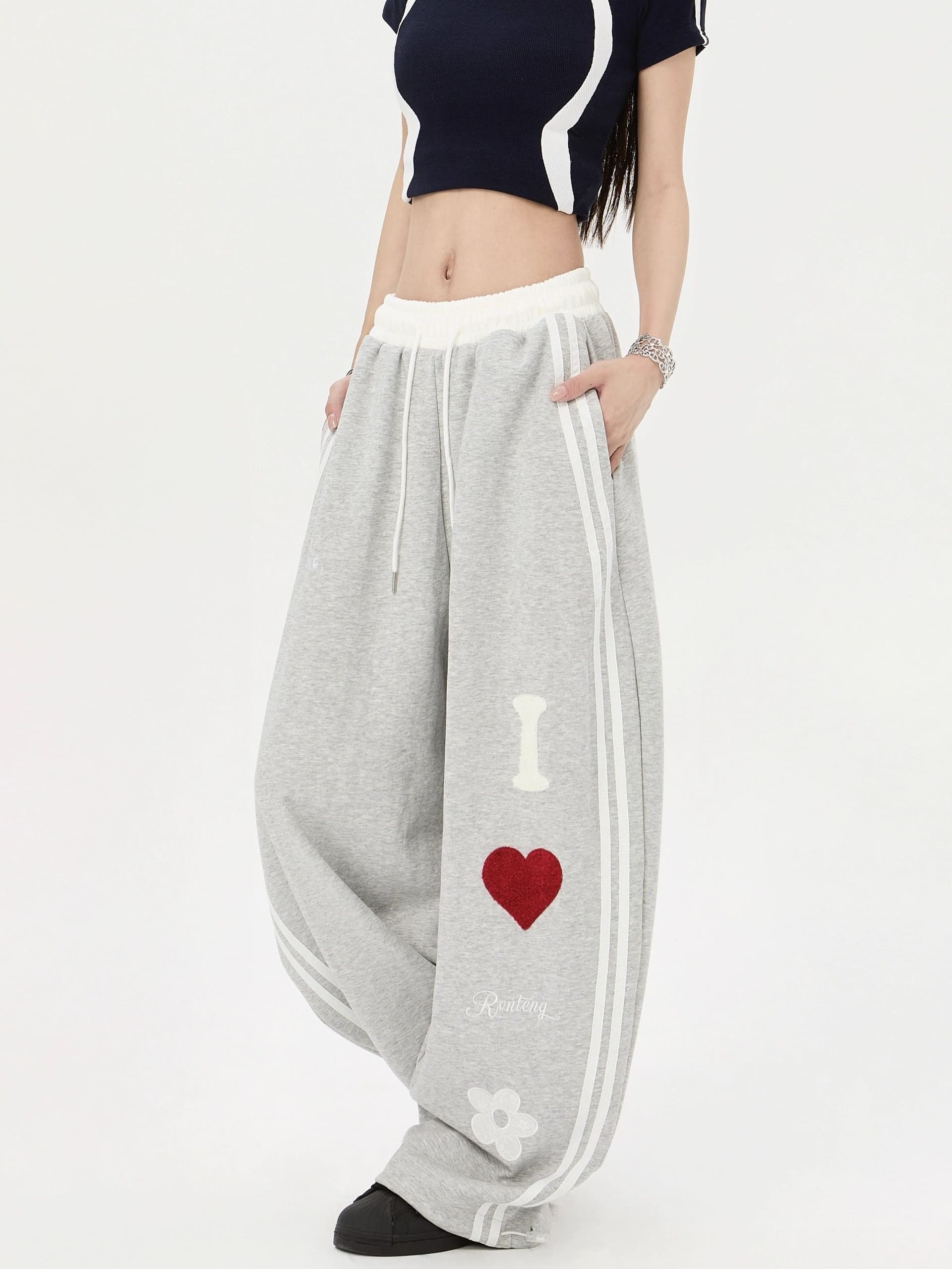 후아 면 복합 자수 캐주얼 운동 바지 여성 봄과 가을 스트레이트 와이드 레그 팬츠 루즈핏 도루 센스 바닥 청소 롱 바지 이미지 3