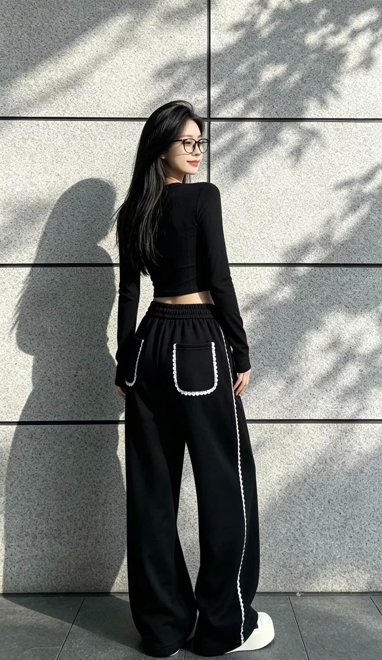 2026 새로운 레이스 조각 와이드 레그 팬츠 운동 바지 여성 새로운 봄 캐주얼 아메리칸 스트레이트 웨이 바지 바닥 청소 바지 상세 이미지 2