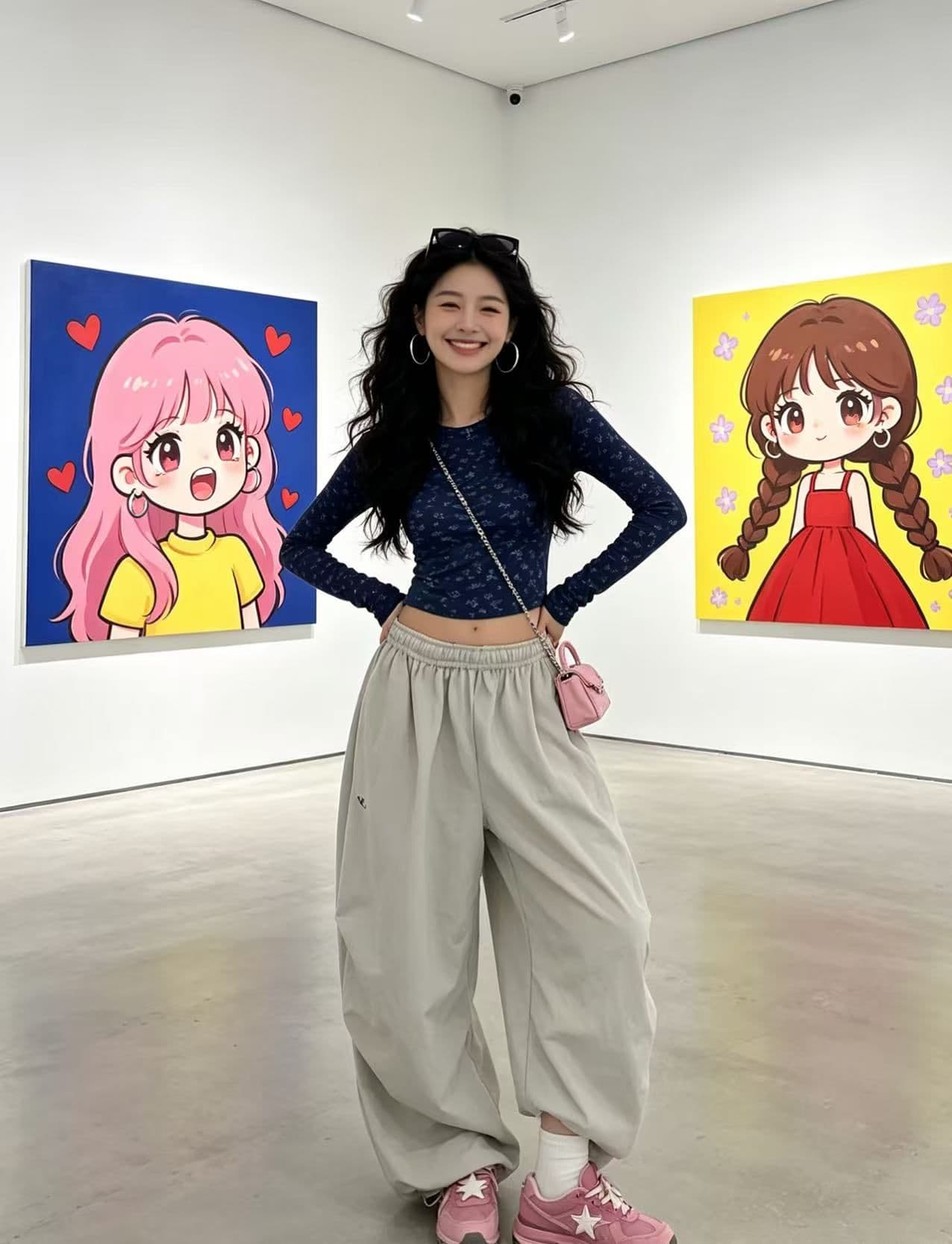 ins 바람 인터넷 유명인 아메리칸 레트로 자수 레이스업 펌프 Pleat 넓은 다리 루즈핏 캐주얼 긴 바지 상세 이미지 1
