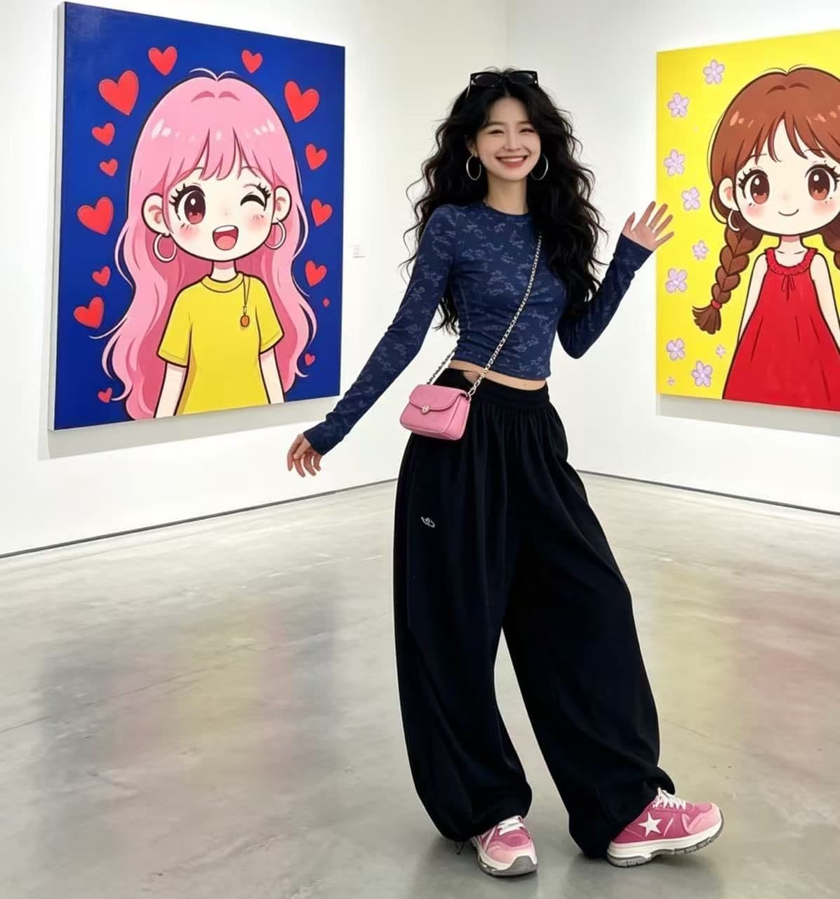 ins 바람 인터넷 유명인 아메리칸 레트로 자수 레이스업 펌프 Pleat 넓은 다리 루즈핏 캐주얼 긴 바지 상세 이미지 2
