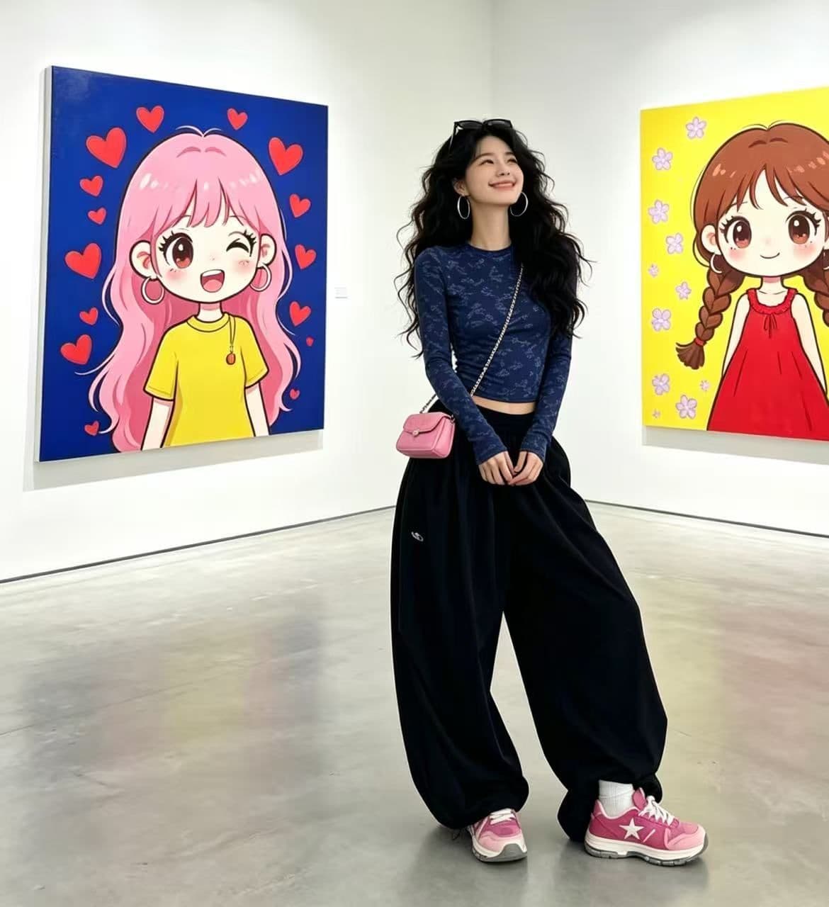 ins 바람 인터넷 유명인 아메리칸 레트로 자수 레이스업 펌프 Pleat 넓은 다리 루즈핏 캐주얼 긴 바지 상세 이미지 5